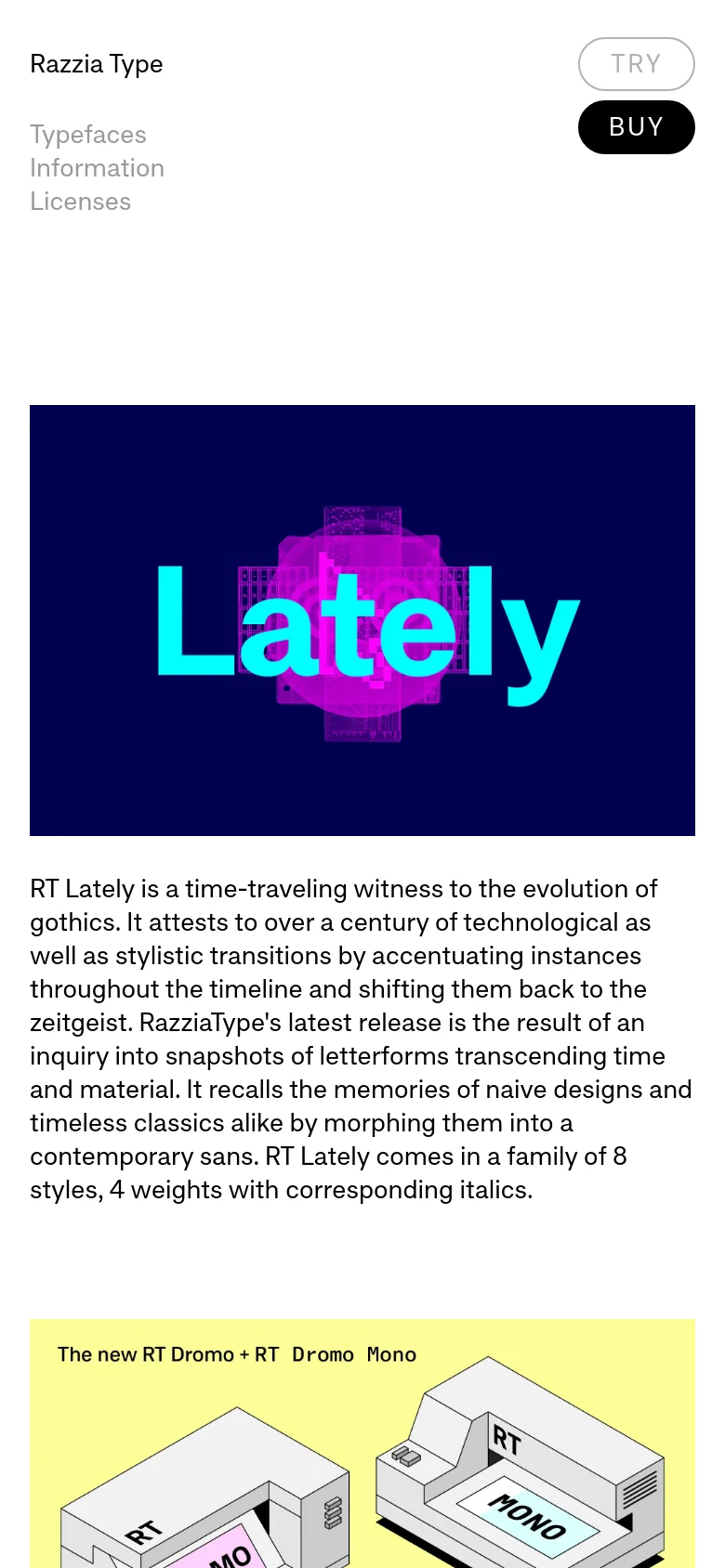 The mobile version simplifies the header, stacking the brand name 'Razzia Type' above the navigation links and buttons. The large 'Lately' hero image remains prominent, followed by vertically stacked text blocks and product images that span the width of the screen.