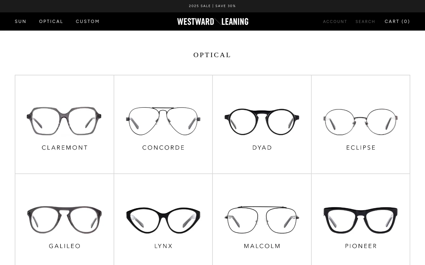 The Optical page features a clean, minimalist layout with a white background and black text. A grid of various eyewear frame styles, such as Claremont and Concorde, is displayed with high-quality product images and their names underneath. The top navigation bar includes links for Sun, Optical, and Custom, alongside the Westward Leaning logo.