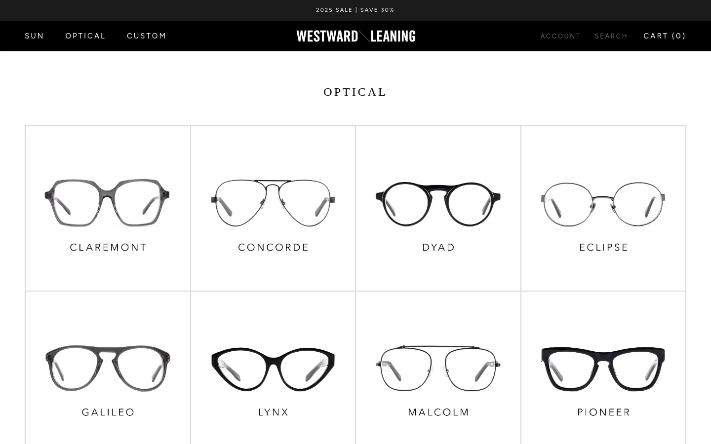 The Optical page features a clean, minimalist layout with a white background and black text. A grid of various eyewear frame styles, such as Claremont and Concorde, is displayed with high-quality product images and their names underneath. The top navigation bar includes links for Sun, Optical, and Custom, alongside the Westward Leaning logo.