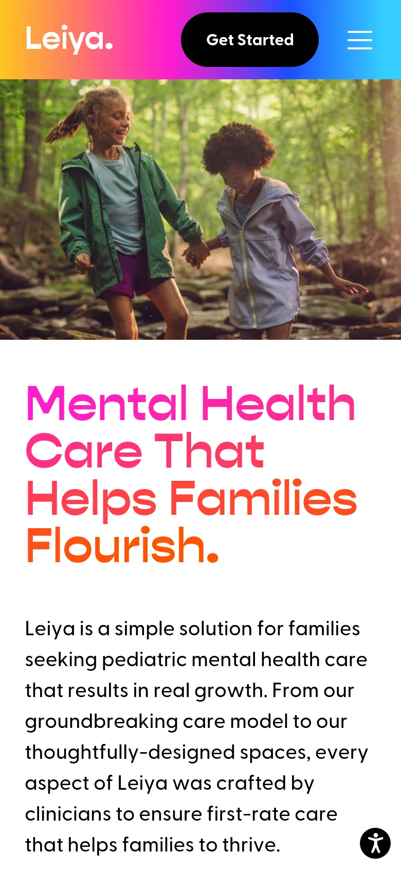 The mobile version uses a condensed layout with a blue gradient header containing a hamburger menu and a prominent 'Get Started' button. The hero image of two children in a forest spans the full width of the screen, followed by the large, colorful headline and descriptive text stacked vertically.