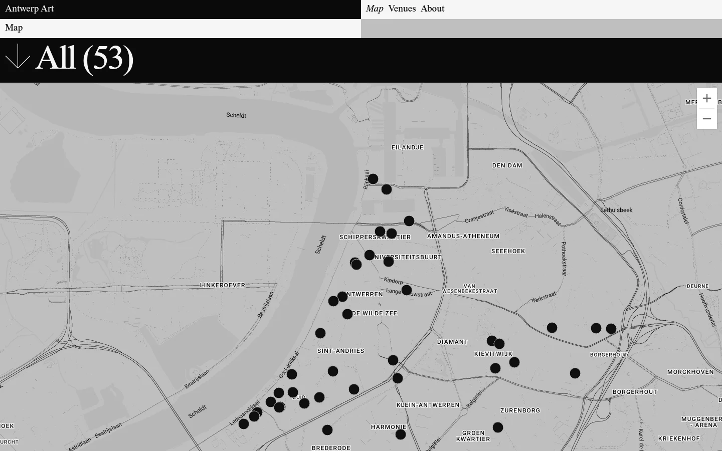 A map page for Antwerp Art featuring a large interactive grayscale map of Antwerp with black circular markers indicating art locations. Above the map, a black header displays 'All (53)' with a downward arrow, and a list of filter categories like Gallery, Art Space, and Museum is available. Navigation controls for zooming and moving the map are visible on the right side.