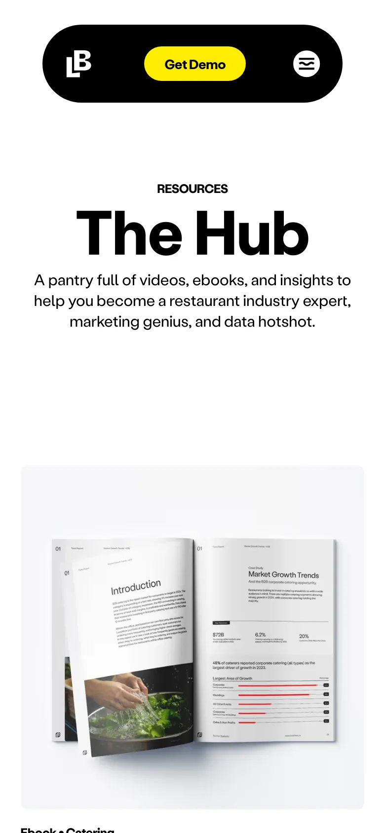 The mobile version maintains the minimalist white and black aesthetic but uses a centered layout for the text. The 'The Hub' headline and descriptive subheadline are stacked vertically in the center of the screen. The navigation bar is replaced by a simplified black header containing the logo, a 'Get Demo' button, and a hamburger menu icon.
