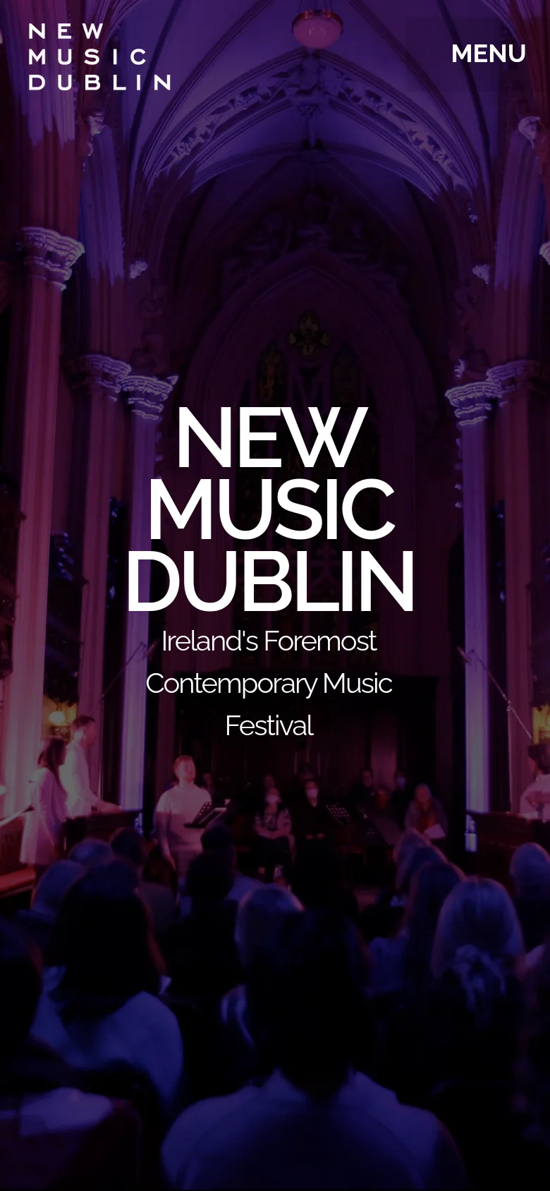 The mobile version displays a vertically oriented hero image of the church concert with the same purple lighting. The logo and menu button are positioned at the top, while the large white headline and subheadline are centered in the middle of the screen, stacked vertically to fit the narrow viewport.