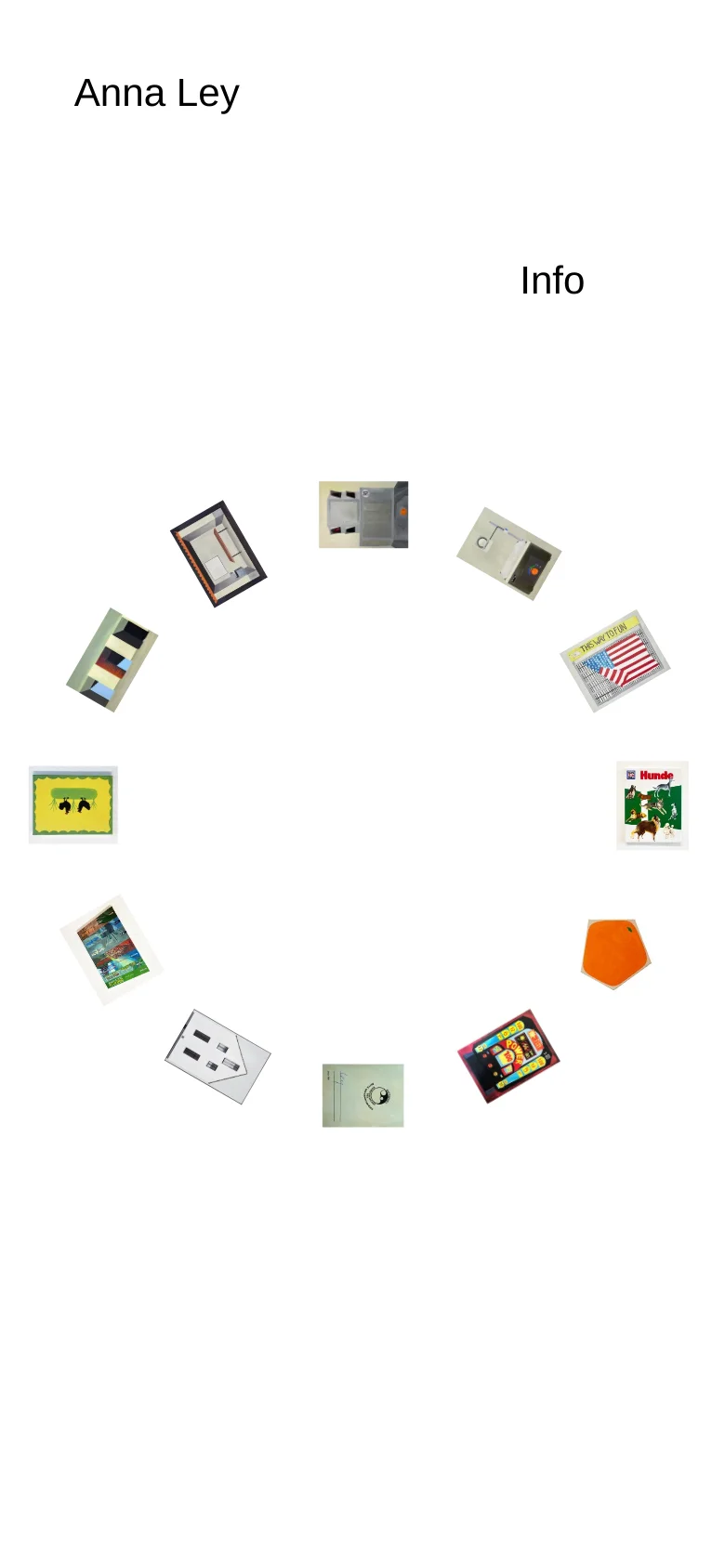 The mobile version maintains the minimalist white aesthetic but reorganizes the content into a vertical stack. The artist's name and 'Info' link appear at the top, followed by the collection of paintings arranged in a more condensed, single-column flow.