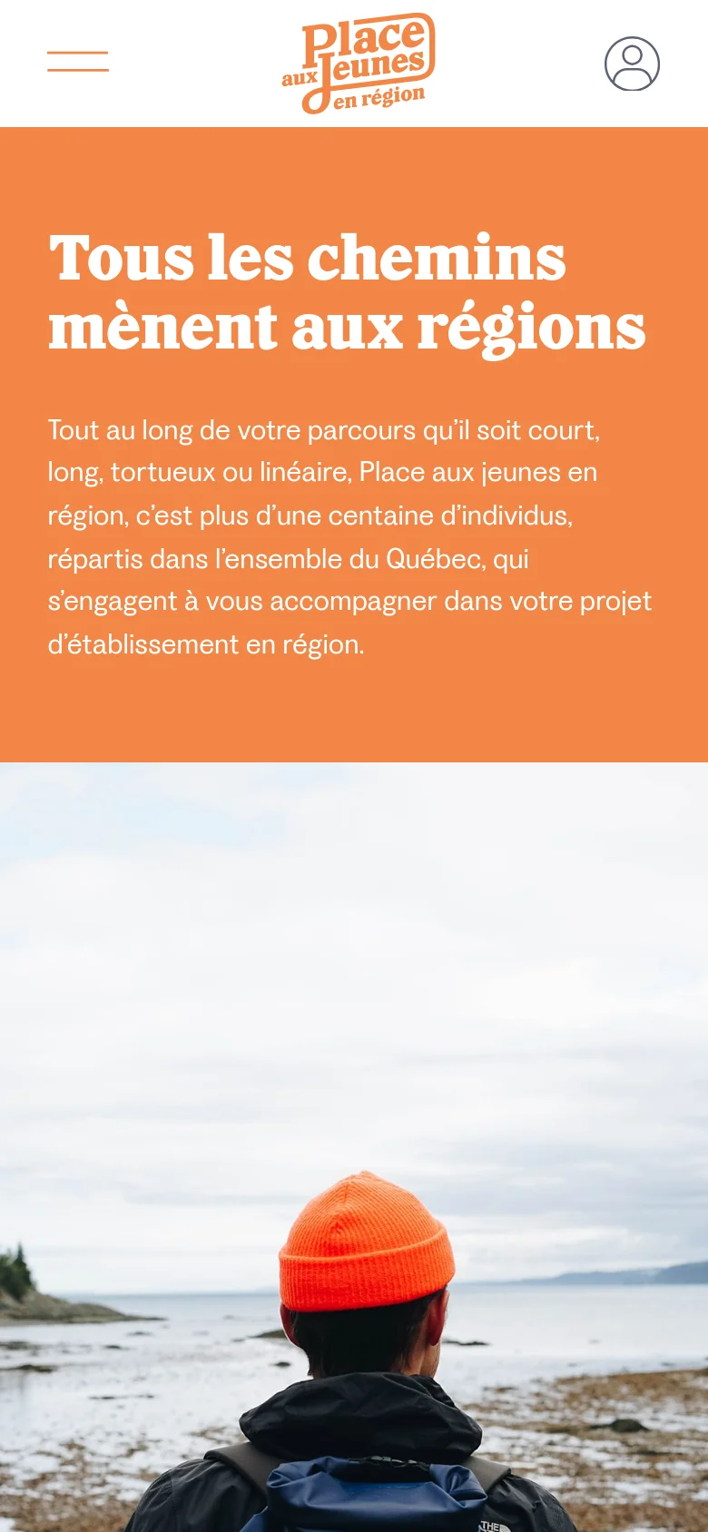 The mobile version uses a stacked layout where the orange hero section with the main headline and descriptive text appears first, followed by the image of the person overlooking the coast. The navigation is condensed into a hamburger menu icon and a profile icon at the top of the screen.