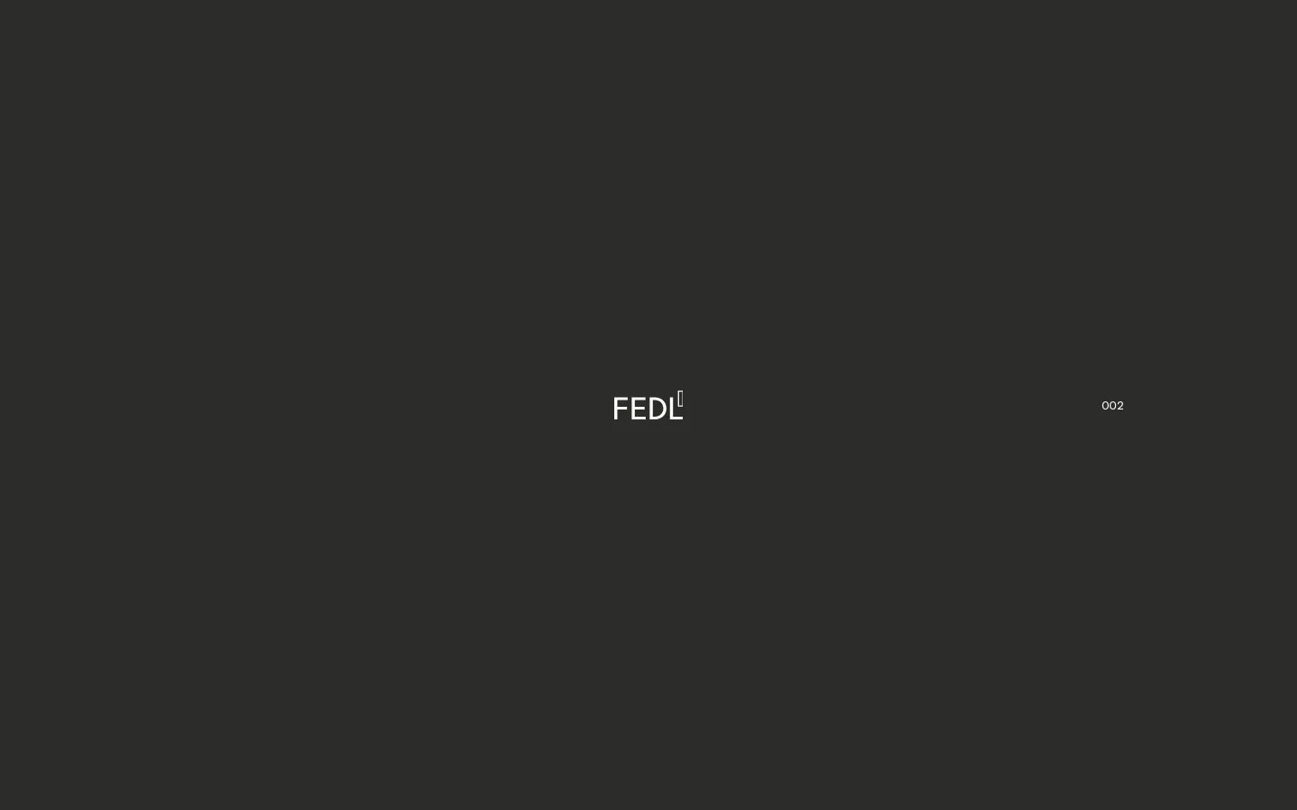 The desktop page features a minimalist dark gray background with white text. It displays the company profile for FEDL, including their philosophy in Japanese and English, a list of business services, a detailed biography of the representative architect, and a list of team members and office information.