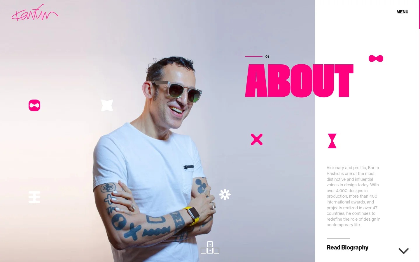 The desktop About page features a large hero image of designer Karim Rashid smiling in sunglasses against a light background, accented by pink geometric shapes and white icons. A large, bold pink headline reads 'ABOUT' on the right, with a 'Read Biography' call to action and a menu button in the top right corner.