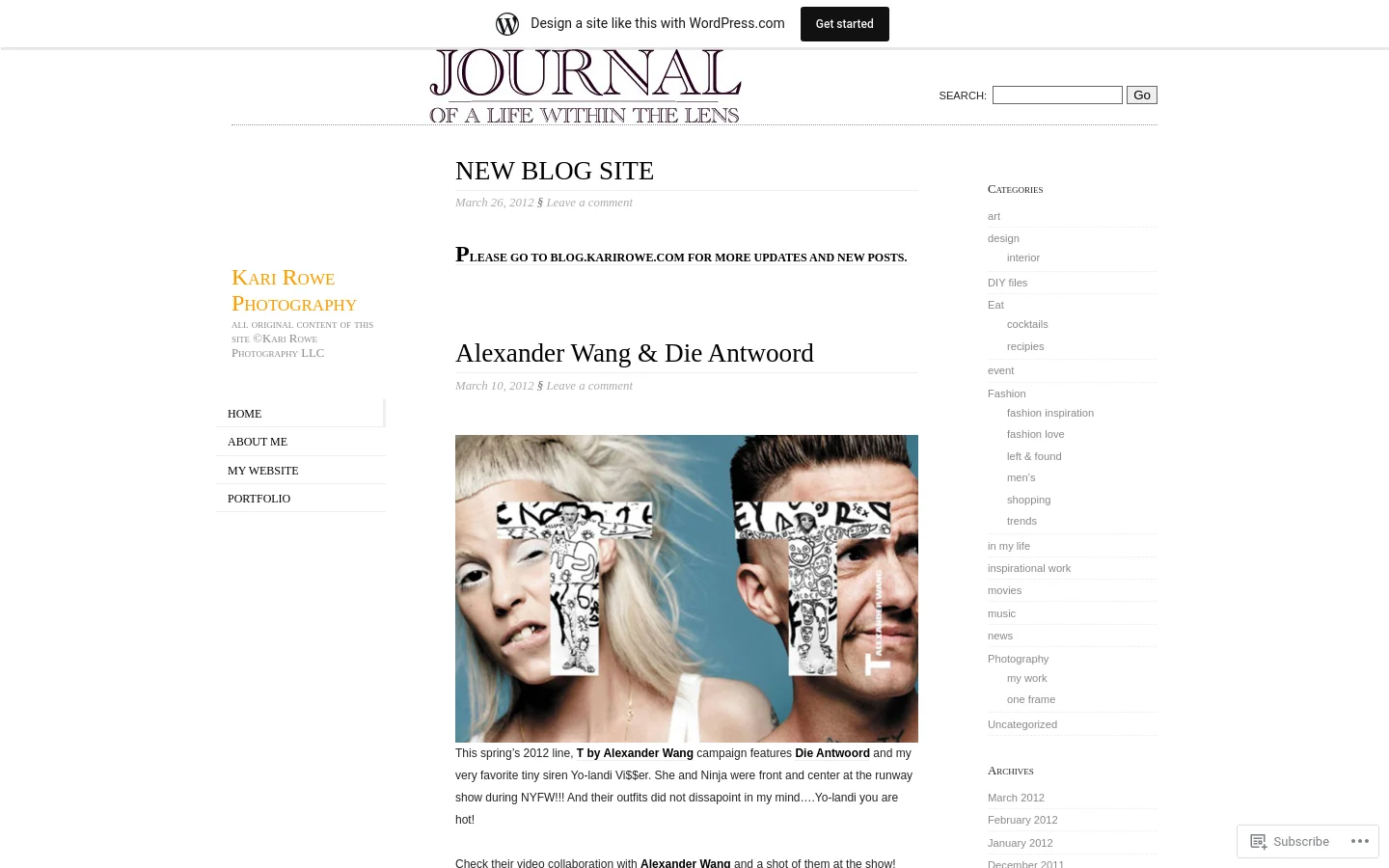 The desktop homepage for Kari Rowe Photography features a minimalist white background with a centered 'Journal of a Life Within the Lens' logo. A left-hand sidebar contains the site title, copyright info, and navigation links for Home, About Me, My Website, and Portfolio, while a right-hand sidebar lists categories and archives. The main content area displays blog posts with headlines, dates, and images, such as a fashion feature for Alexander Wang.