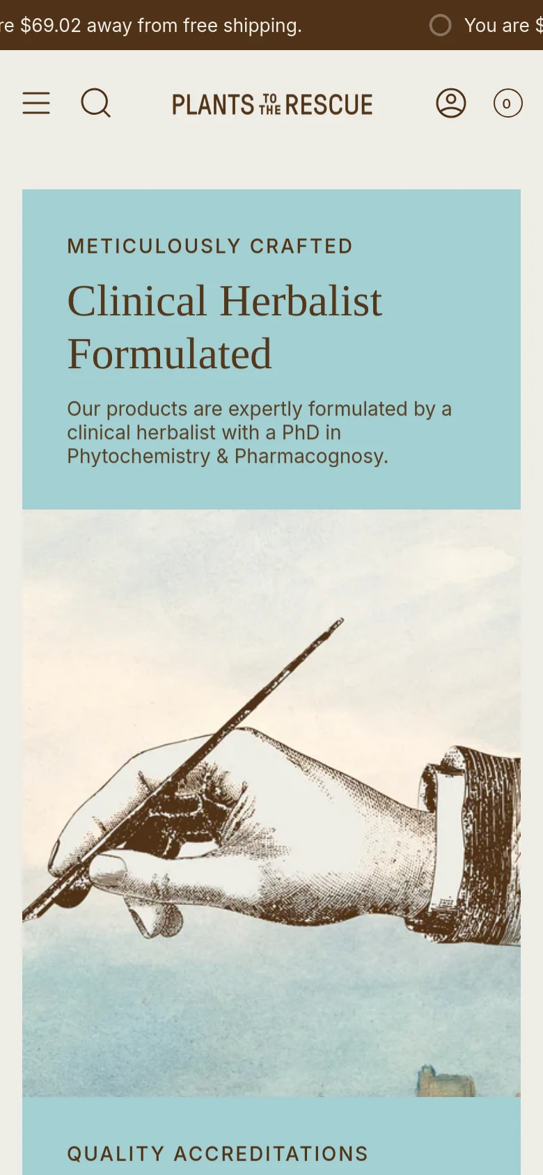 The mobile version presents a single-column vertical layout optimized for scrolling. The large headings and botanical illustrations are stacked vertically, maintaining the light teal and cream color scheme while condensing the spacious desktop margins for a smaller screen.