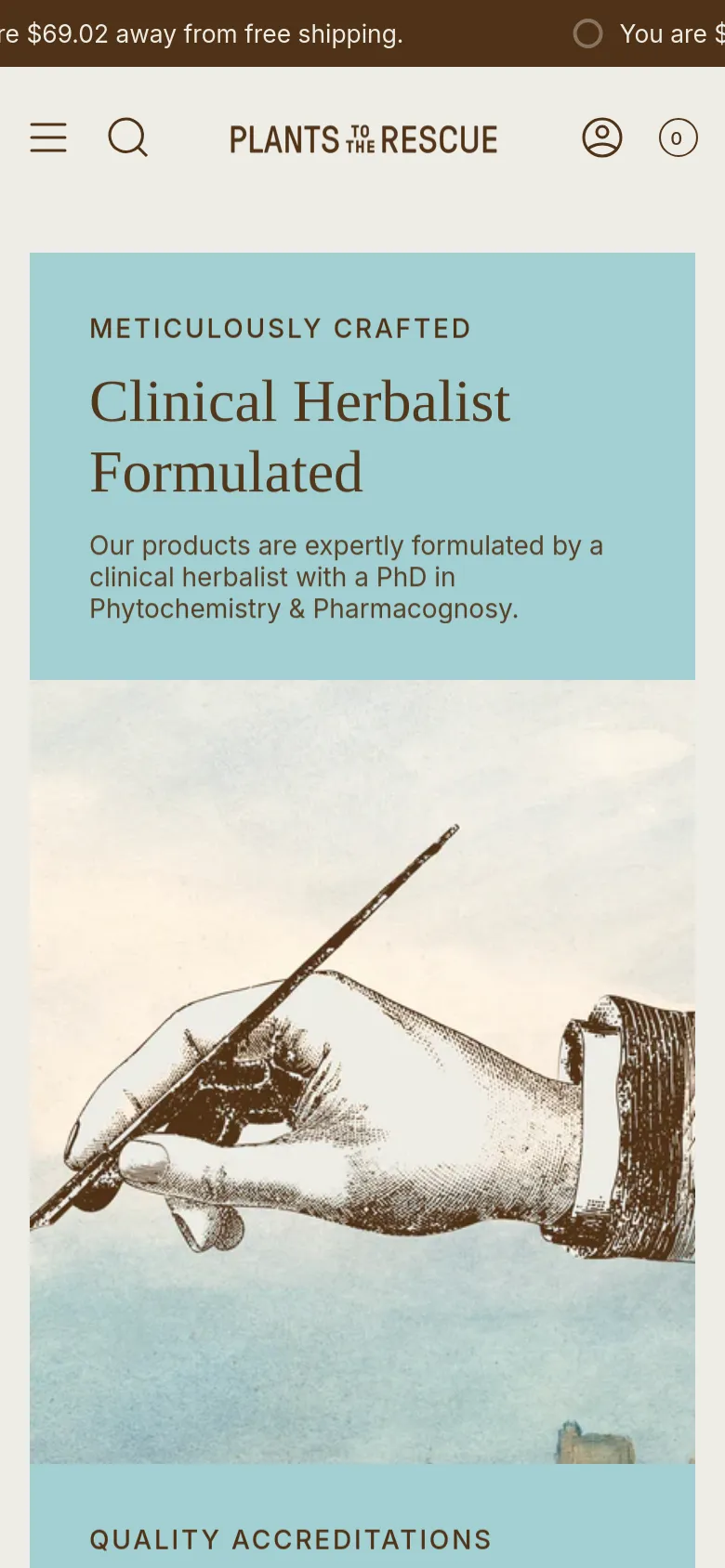 The mobile version presents a single-column vertical layout optimized for scrolling. The large headings and botanical illustrations are stacked vertically, maintaining the light teal and cream color scheme while condensing the spacious desktop margins for a smaller screen.