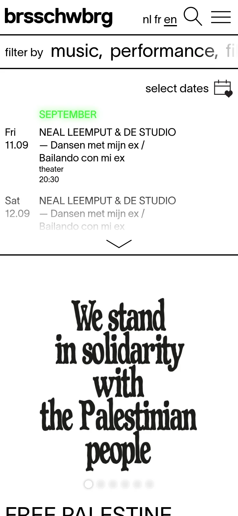 The mobile version presents a simplified, vertically stacked layout optimized for small screens. The event list is condensed, showing only the date, title, and time, followed by a large, prominent text-based solidarity message. Navigation is streamlined with a search icon and a hamburger menu at the top.