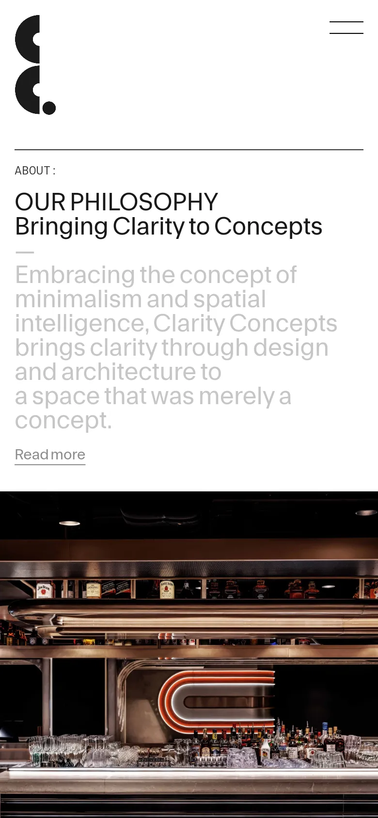 Clarity Concepts mobile homepage with a stacked layout. The design features a simplified hero area with abstract graphic elements, followed by vertically arranged text sections and a single-column project gallery for easy scrolling.