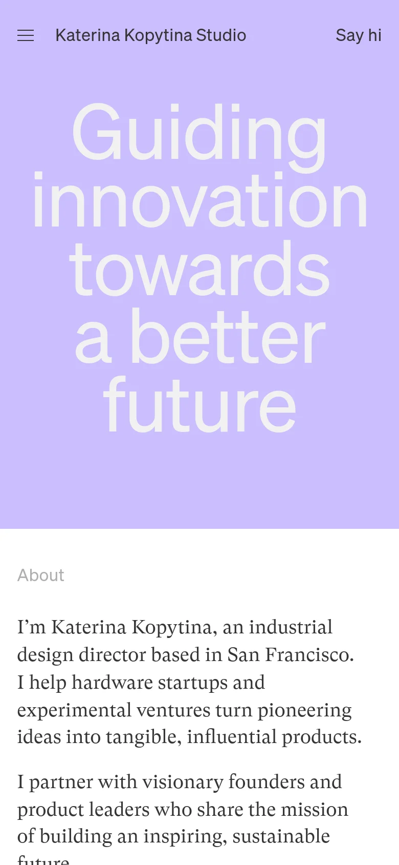 The mobile version maintains the lavender color scheme and large white hero headline but uses a stacked layout. The navigation menu is condensed into a hamburger icon at the top left, and the text content is centered and scaled for a vertical screen.