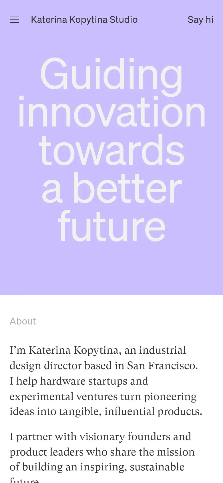 The mobile version maintains the lavender color scheme and large white hero headline but uses a stacked layout. The navigation menu is condensed into a hamburger icon at the top left, and the text content is centered and scaled for a vertical screen.