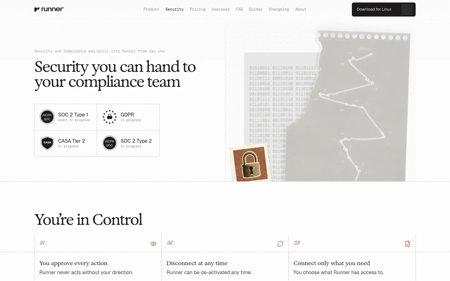 Runner security page featuring a minimalist dark and light grey layout with large serif typography. The hero section displays compliance status for SOC 2, GDPR, and CASA Tier 2 alongside abstract technical graphics, followed by a numbered list of security principles and a call-to-action button.