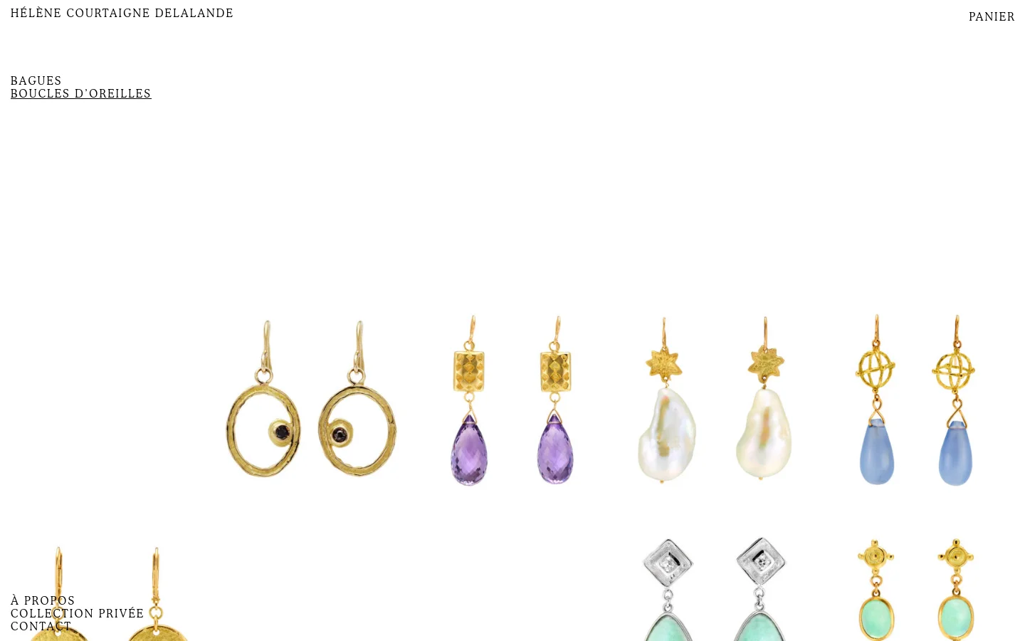 The desktop version of the jewelry website features a clean, minimalist white background with a grid layout of earring product images. Each product includes a title like 'Aztèque Or Blanc' and a 'VOIR +' call to action, showcasing various gold, silver, and gemstone earring designs.