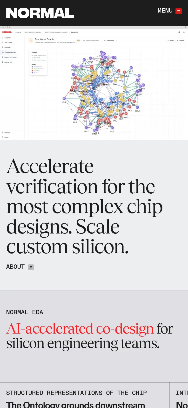 The mobile version uses a simplified vertical layout with a hamburger menu icon in the top right. The hero section features the same large typography and network graph visualization, but scaled to fit the narrow screen. The navigation links are hidden within the menu, and the primary call to action is more compact.