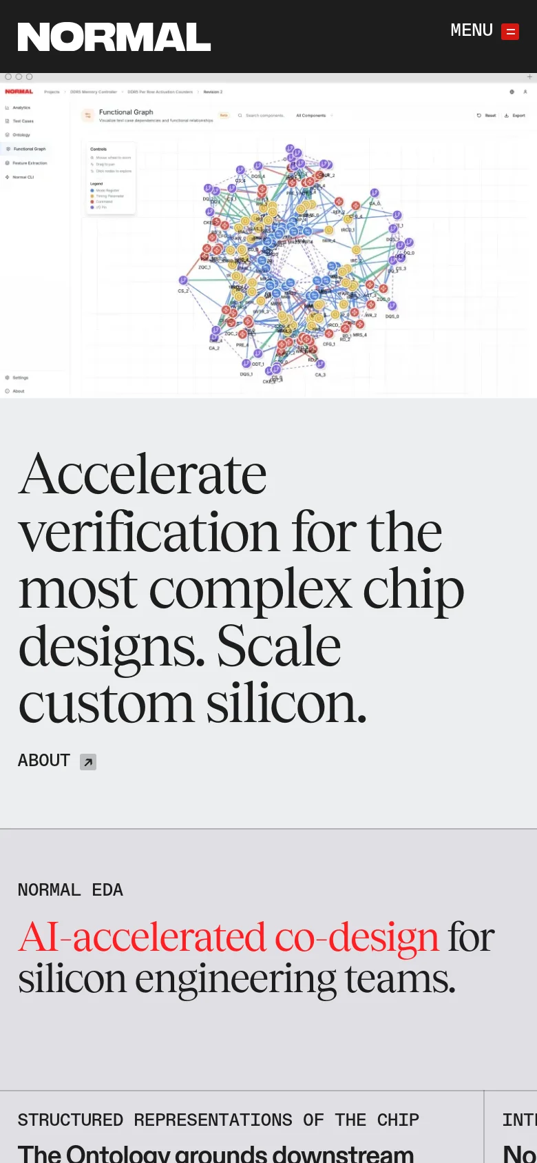 The mobile version uses a simplified vertical layout with a hamburger menu icon in the top right. The hero section features the same large typography and network graph visualization, but scaled to fit the narrow screen. The navigation links are hidden within the menu, and the primary call to action is more compact.