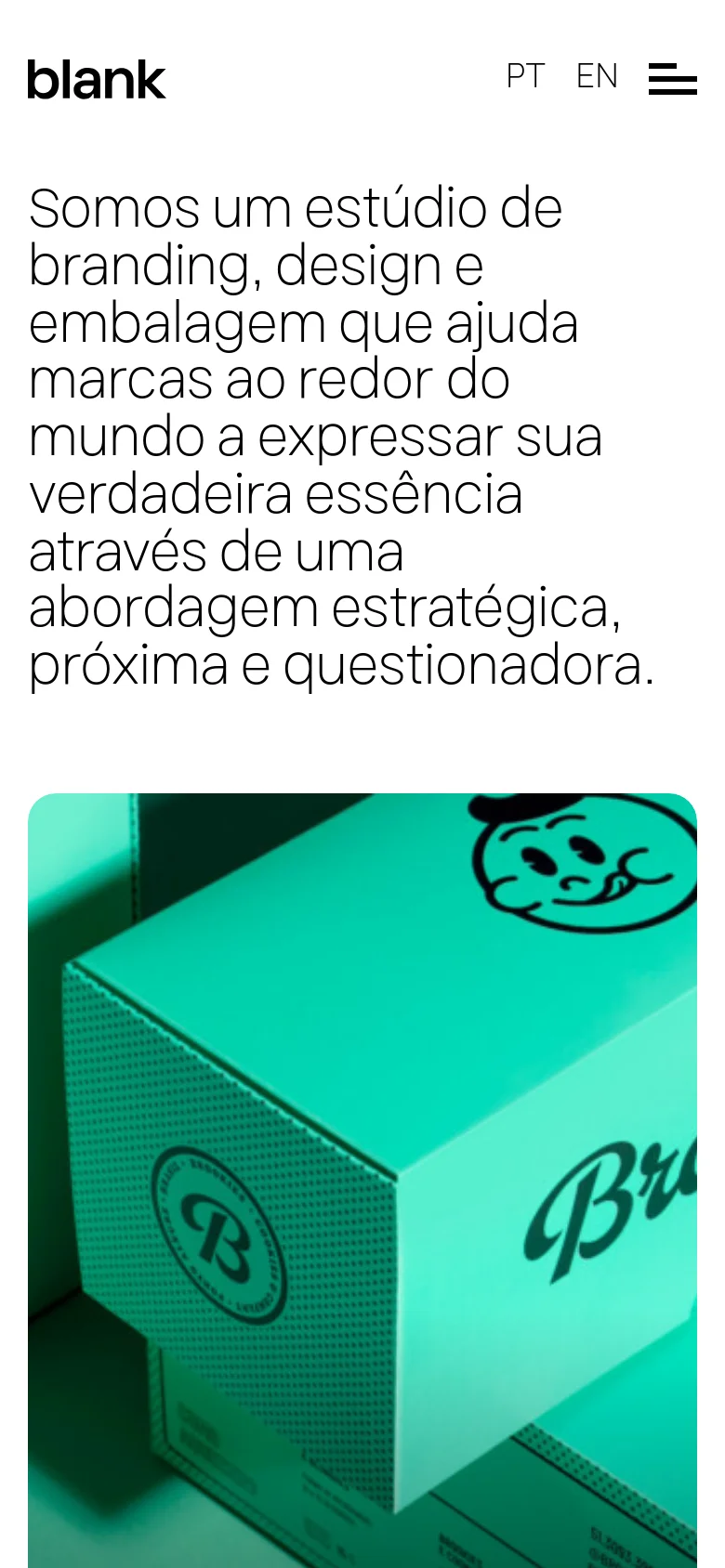 The mobile version maintains the minimalist aesthetic but stacks the content vertically for a single-column view. The large headline is prominent at the top, followed by a full-width hero image of teal packaging. The navigation remains at the top with the logo, language options, and a menu icon, optimized for a smaller screen.