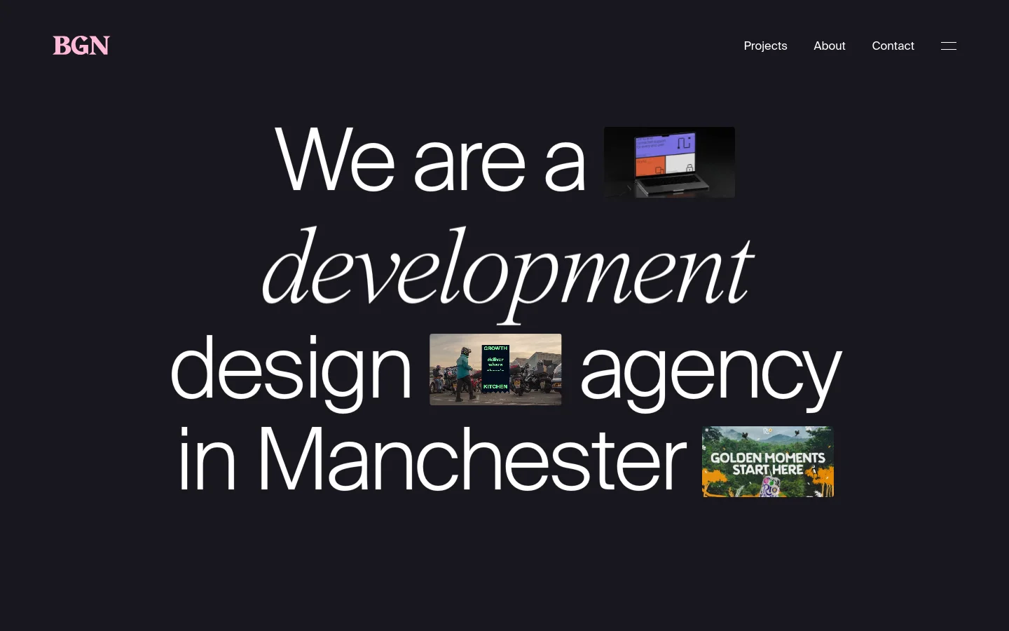 The desktop homepage features a dark background with large, white, stylized typography stating 'We are a development design agency in Manchester'. Small rectangular project preview images are scattered around and integrated within the text layout. A navigation menu with 'Projects', 'About', and 'Contact' is visible at the top right.