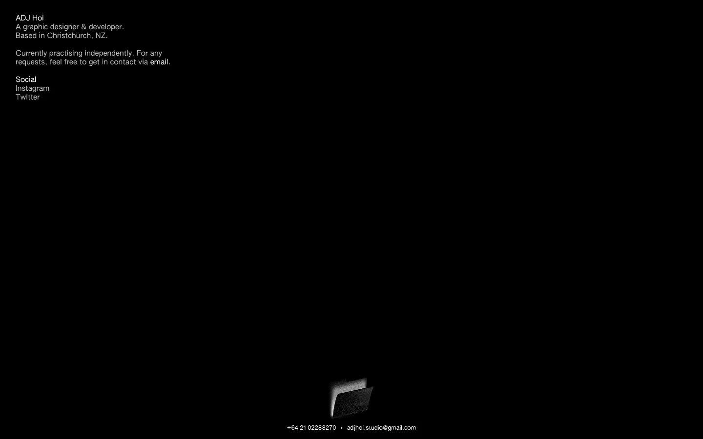 A minimalist website with a black background and white text. The layout features the name 'ADJ Hoi' followed by a professional bio, social media links, and contact information, anchored by a 3D graphic of an open folder at the bottom center.