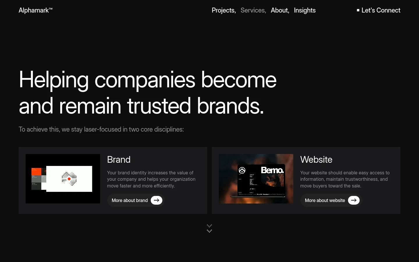 The desktop Services page features a dark minimalist theme with large white typography. A hero headline reads 'Helping companies become and remain trusted brands,' followed by two side-by-side cards for 'Brand' and 'Website' services, each containing a descriptive paragraph, a small preview image, and a call-to-action button with an arrow.