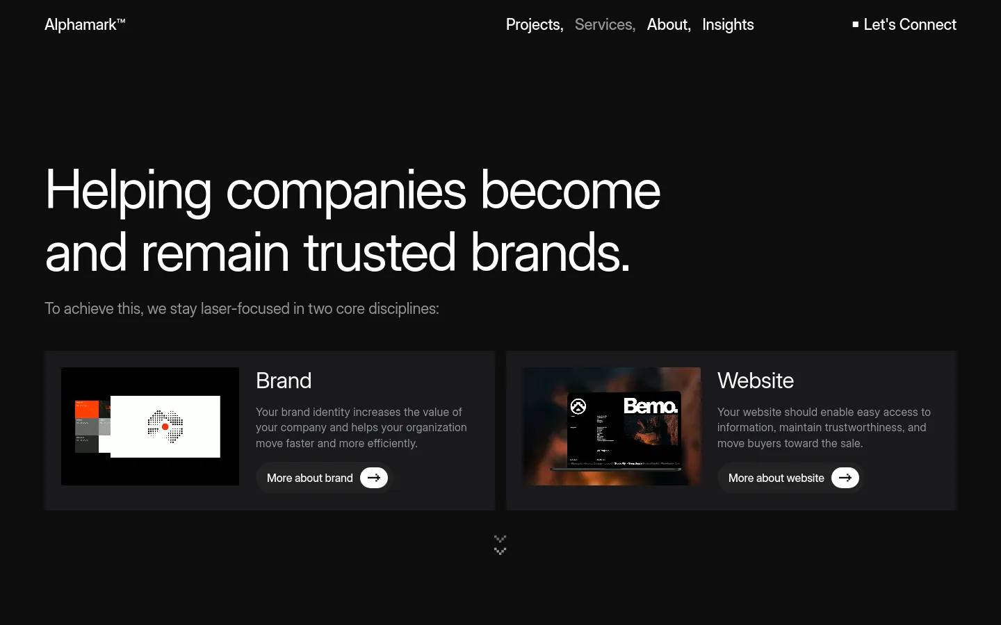 The desktop Services page features a dark minimalist theme with large white typography. A hero headline reads 'Helping companies become and remain trusted brands,' followed by two side-by-side cards for 'Brand' and 'Website' services, each containing a descriptive paragraph, a small preview image, and a call-to-action button with an arrow.