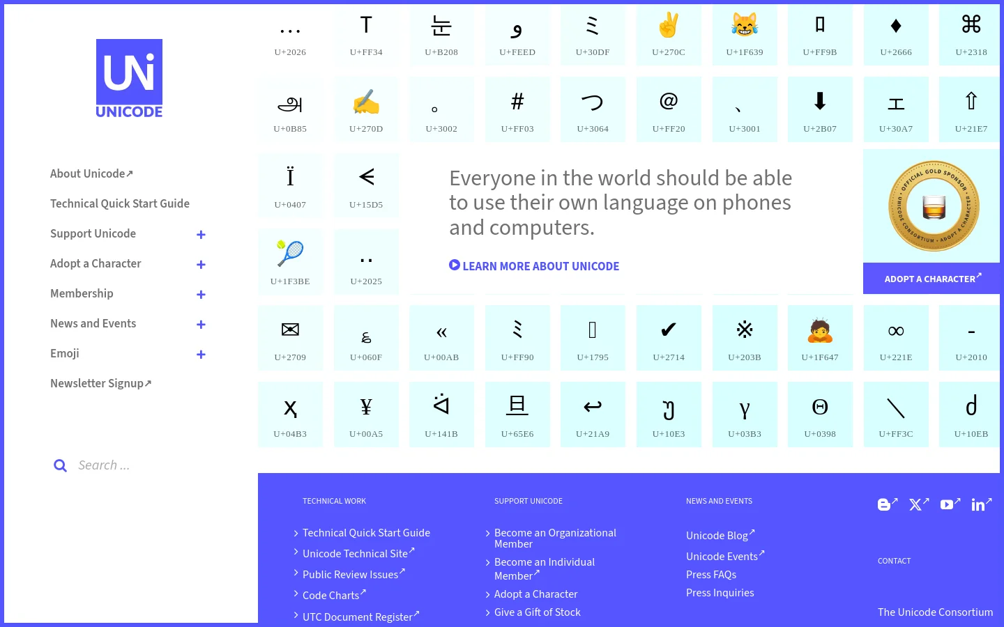 The Unicode homepage features a large grid of various characters and emojis, each paired with its hex code, set against a white background. A central headline reads, 'Everyone in the world should be able to use their own language on phones and computers,' accompanied by a 'Learn More' link. The layout includes a left-hand navigation menu, a gold sponsor badge, and a purple footer with site links.