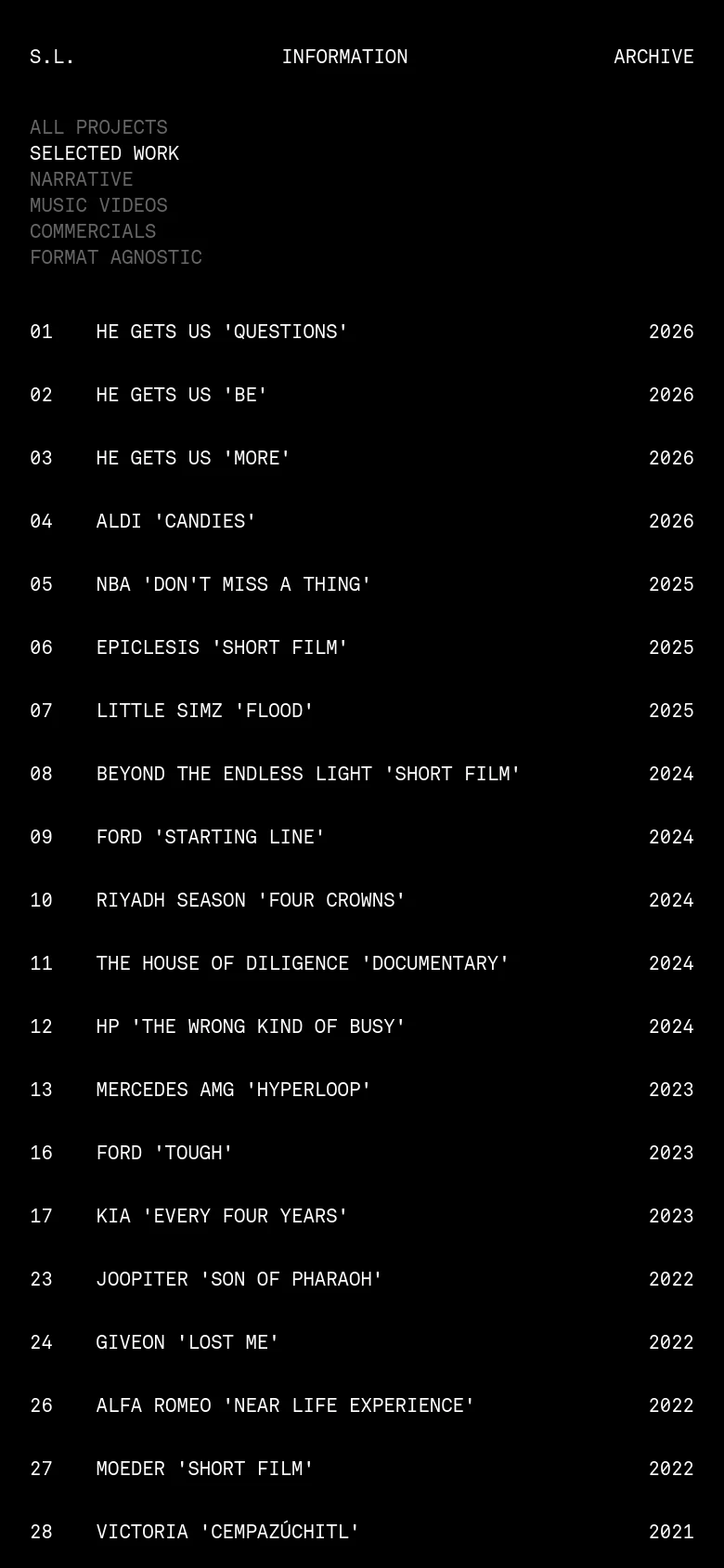 The mobile version maintains the black and white minimalist aesthetic but transitions to a single-column vertical list for easier scrolling. The header is simplified to 'S.L.' and 'INFORMATION', while the project list displays titles and years in a condensed, stacked format.