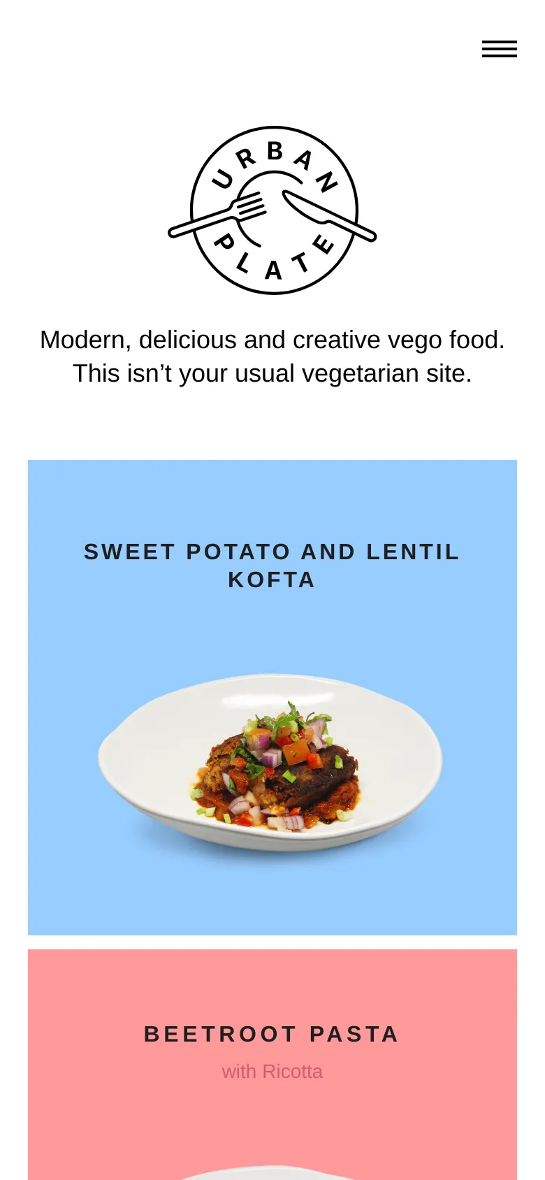 The mobile version displays a simplified layout with a hamburger menu icon in the top right. The Urban Plate logo and headline are centered, followed by a single-column vertical stack of large, colorful recipe cards that fill the width of the screen.