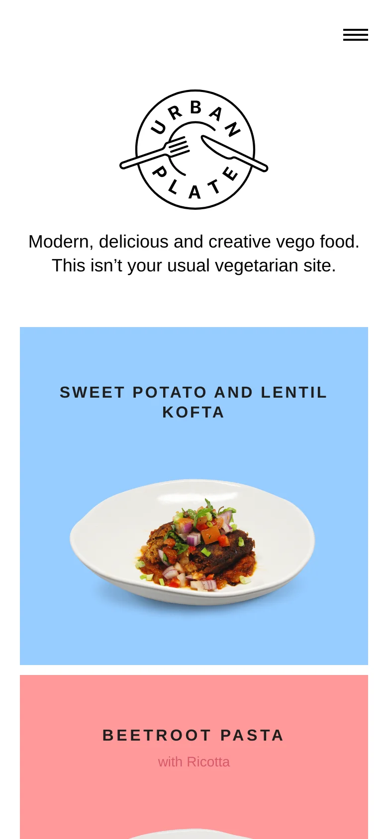 The mobile version displays a simplified layout with a hamburger menu icon in the top right. The Urban Plate logo and headline are centered, followed by a single-column vertical stack of large, colorful recipe cards that fill the width of the screen.