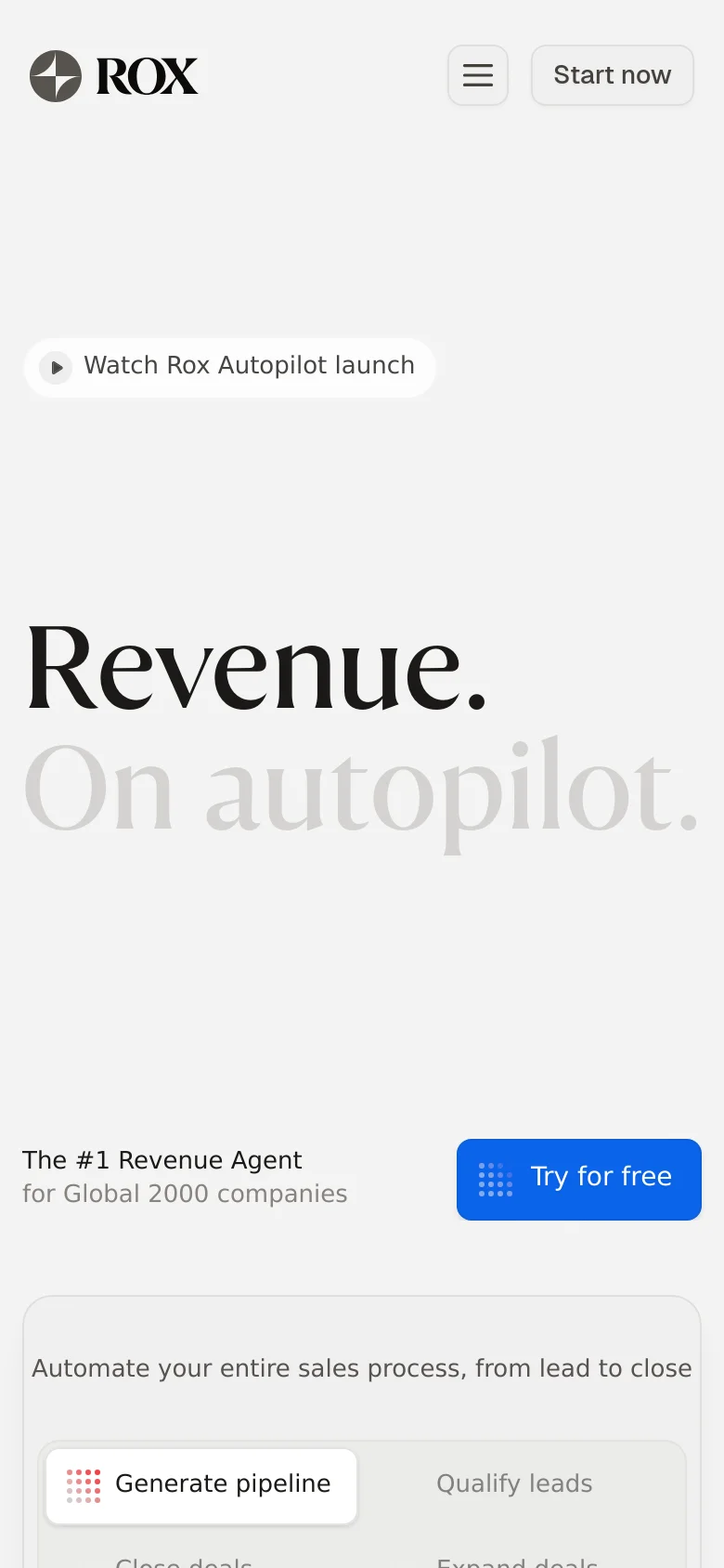 The mobile version maintains the minimalist aesthetic but uses a condensed layout with a hamburger menu and a 'Start now' button in the header. The large hero text is centered, and the primary 'Try for free' button is positioned prominently below the subheadline.