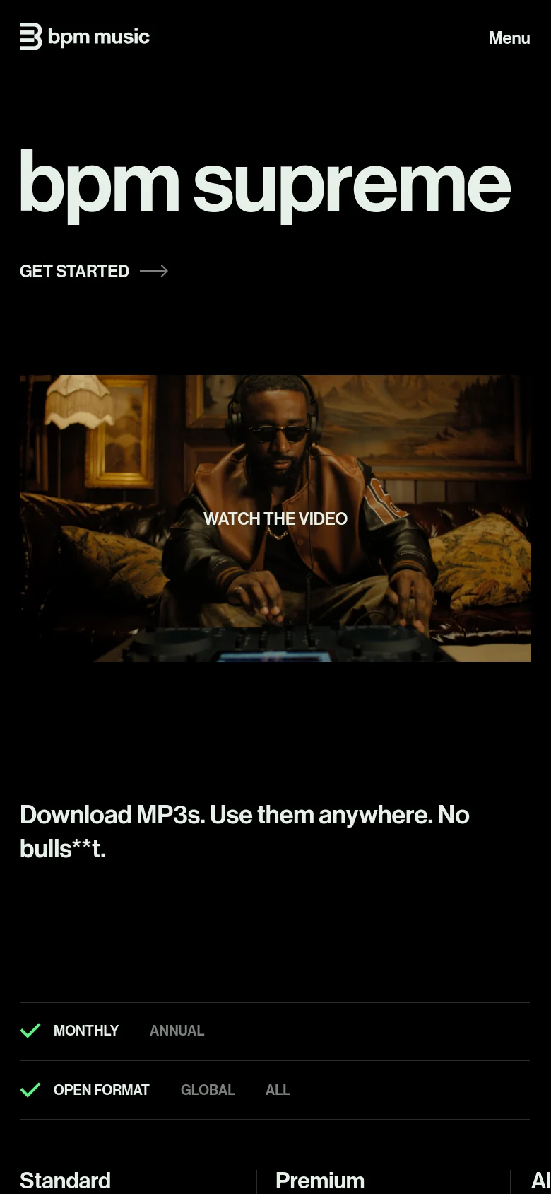 The mobile version presents a vertically stacked layout on a black background. The 'bpm supreme' headline is prominent at the top, followed by a 'GET STARTED' link and a large video player featuring a DJ. Subscription toggles and plan details are condensed for a narrow screen view.