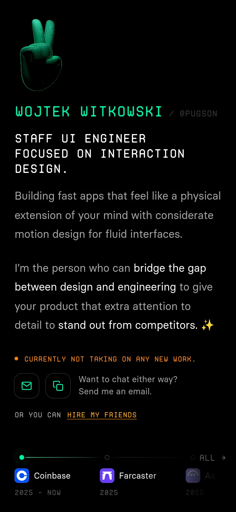 The mobile version of the portfolio maintains the dark theme and teal typography but shifts to a single-column vertical layout. The large green 3D hand is positioned at the top above the name and title, and the experience timeline and contribution heat map are stacked vertically for easier scrolling.