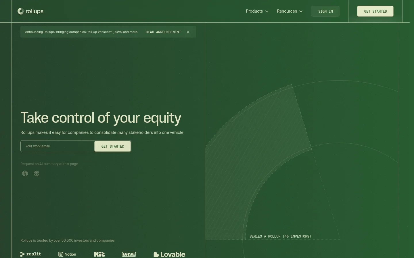 The desktop homepage features a dark green background with a minimalist layout. A hero section displays the headline 'Take control of your equity' alongside a subheadline, an email input field, and a 'GET STARTED' button, while the right side shows a large, abstract circular diagram. A top navigation bar includes links for Products, Resources, Sign In, and a 'GET STARTED' call to action.