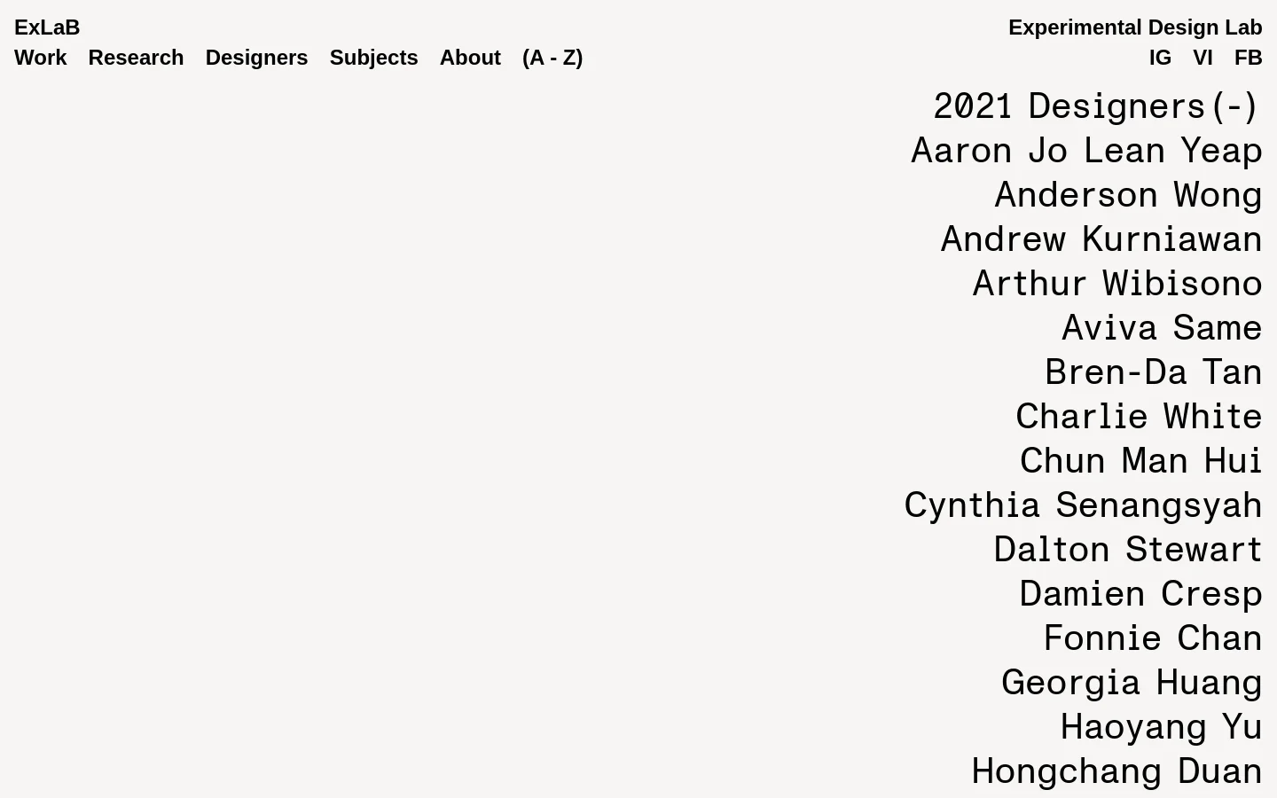 The desktop version features a minimalist white background with black text. A navigation menu is at the top left with links for Work, Research, Designers, Subjects, and About, while social media icons are on the top right. The main content displays '2021 Designers (-)' followed by a right-aligned list of names.