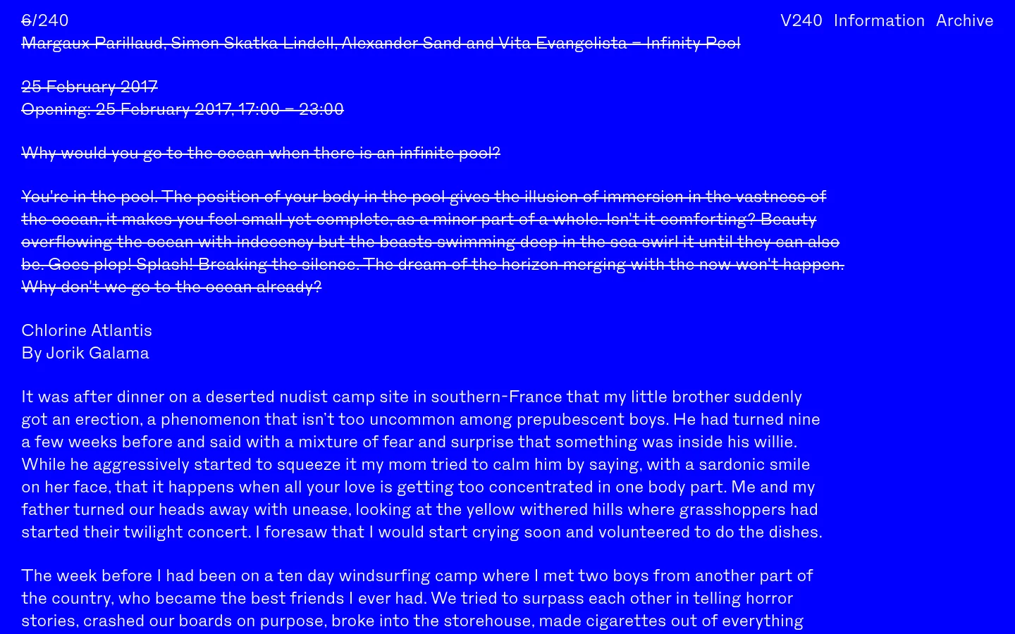 The V240 homepage features a minimalist, high-contrast design with white text on a vibrant blue background. The layout consists of a navigation menu at the top left, followed by a large numerical fraction and exhibition details including artist names, dates, and long-form poetic text. The design is purely typographic with no imagery.