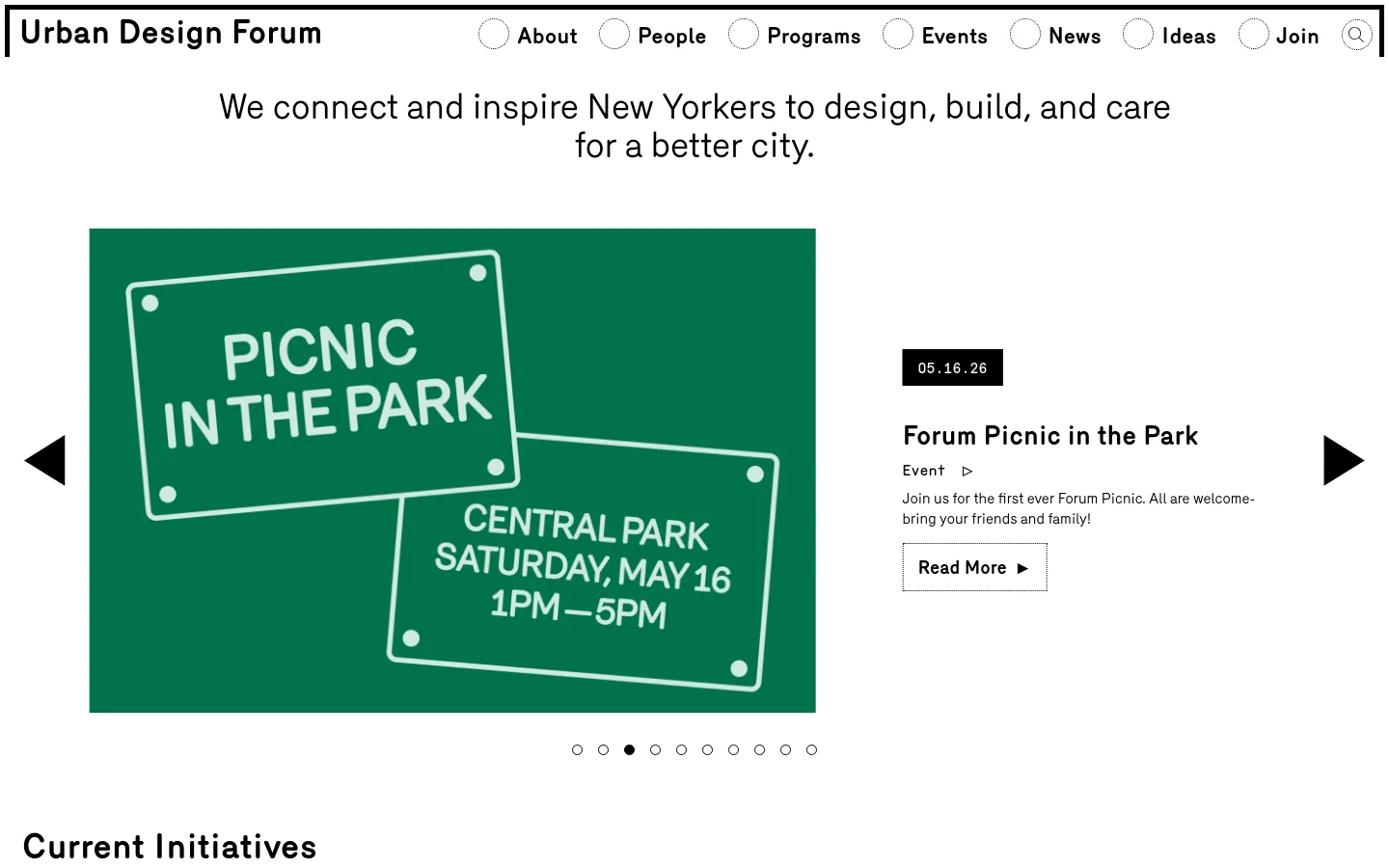 The desktop homepage features a clean white background with a top navigation menu and a large hero slider. The current slide shows a green graphic with white text reading 'PICNIC IN THE PARK' and 'CENTRAL PARK SATURDAY, MAY 16 1PM-5PM', accompanied by an 'Event' headline and a 'Read More' call to action button. Navigation arrows and pagination dots are visible on either side of the central image.
