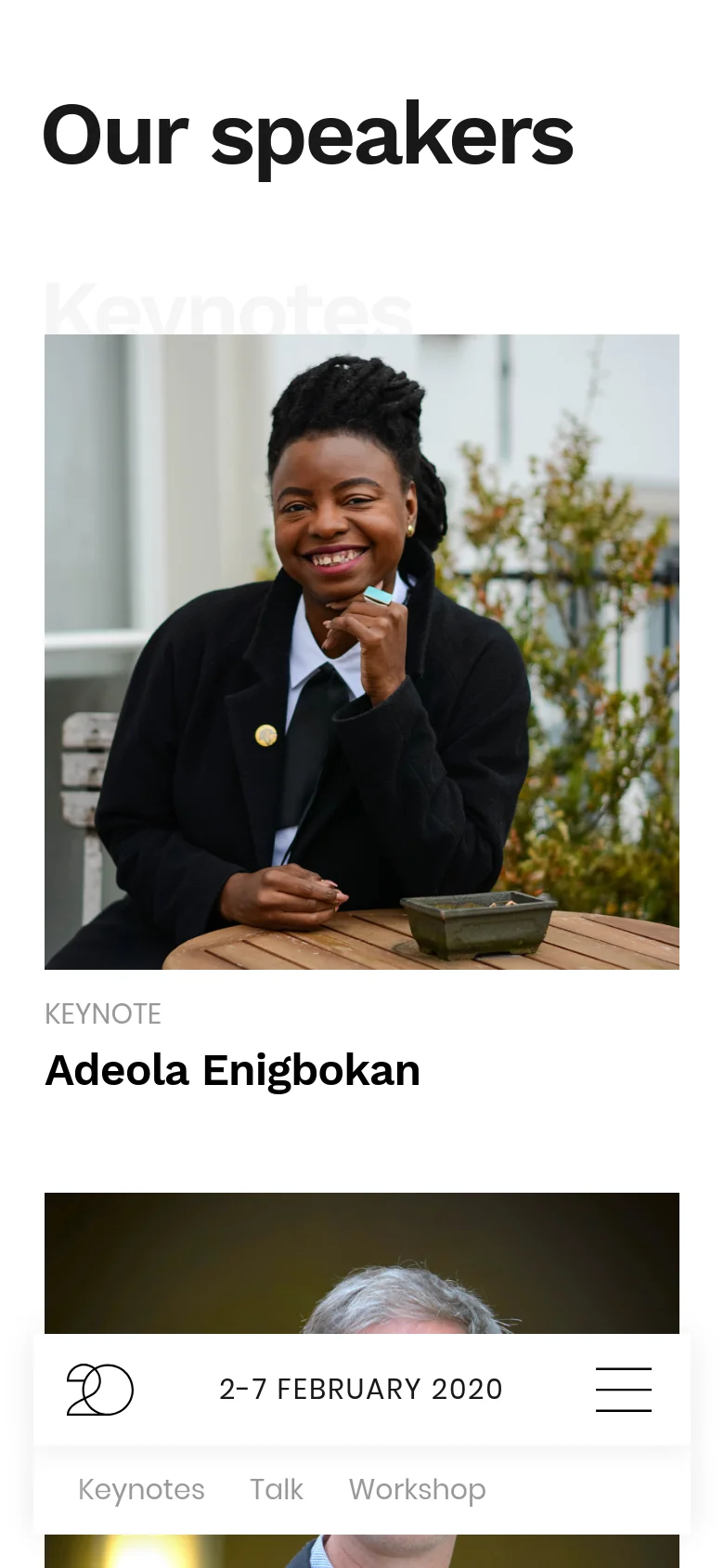 The mobile version simplifies the layout into a single-column vertical scroll. The 'Our speakers' headline is prominent, followed by large, full-width portrait images of individual speakers with their names and roles listed directly underneath. A condensed navigation bar at the bottom includes a hamburger menu and date information.