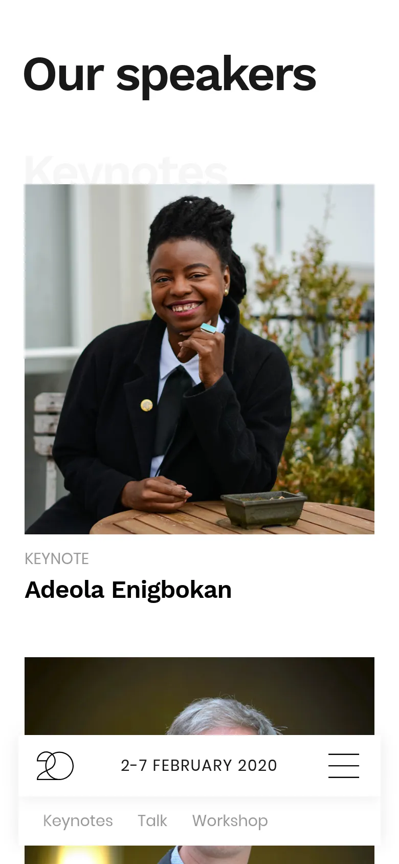 The mobile version simplifies the layout into a single-column vertical scroll. The 'Our speakers' headline is prominent, followed by large, full-width portrait images of individual speakers with their names and roles listed directly underneath. A condensed navigation bar at the bottom includes a hamburger menu and date information.