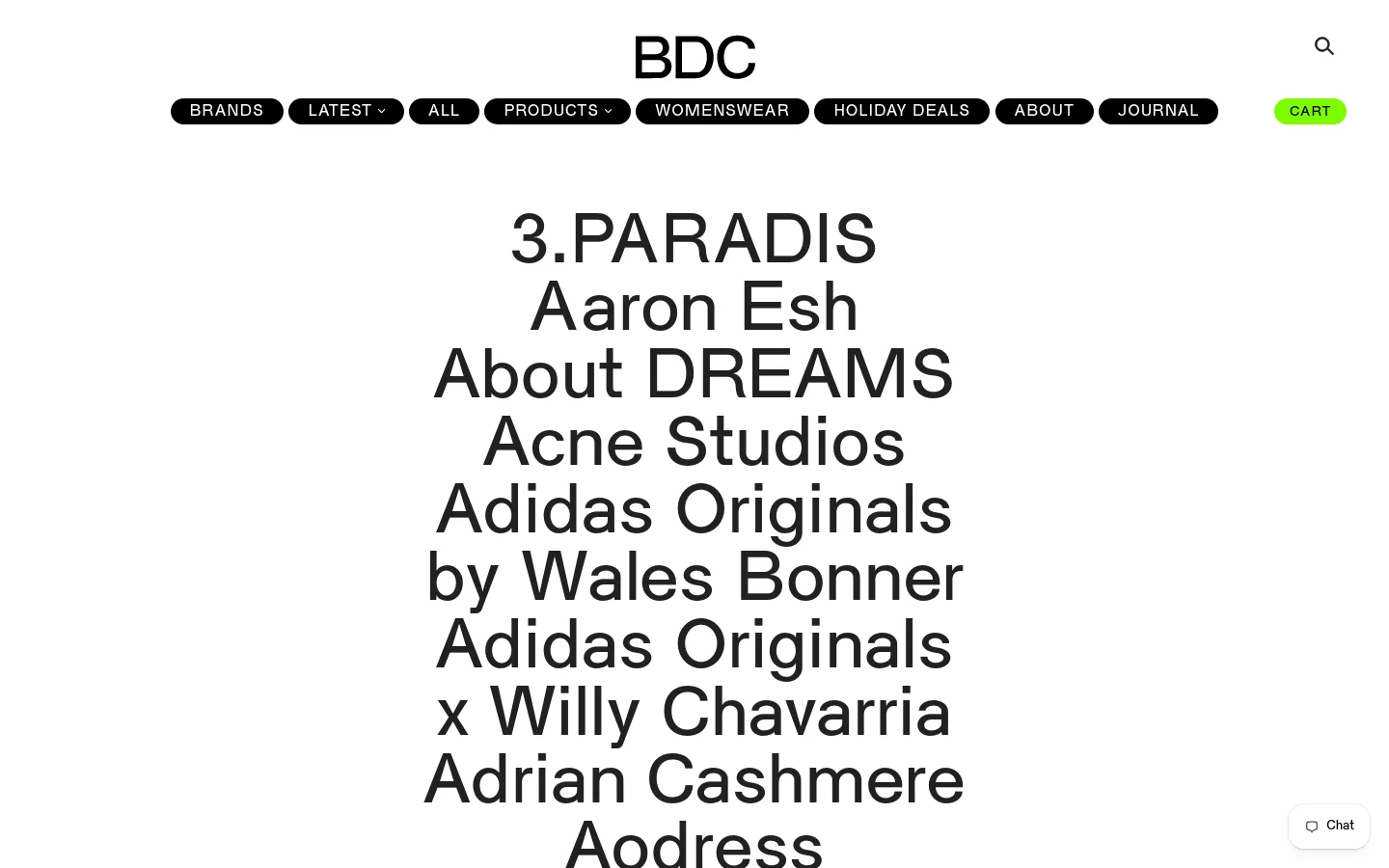 The Brands page features a minimalist white background with a centered black BDC logo at the top. A horizontal navigation menu includes links for Brands, Latest, All, Products, Womenswear, Holiday Deals, About, and Journal, alongside a lime green Cart button. Below the header, a large list of brand names is displayed in a clean, black sans-serif font, arranged vertically in a single column.
