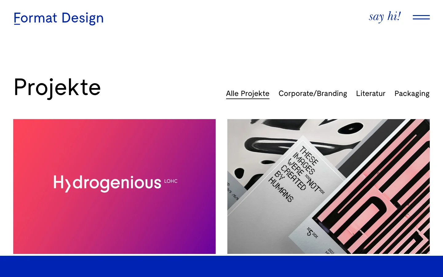 The 'Projekte' page features a clean white background with a large 'Projekte' headline and a horizontal navigation menu for project categories: Alle Projekte, Corporate/Branding, Literatur, and Packaging. Below the menu, a grid displays large project preview images, including a vibrant pink-to-purple gradient for 'Hydrogenious' and a black-and-white graphic for 'Reset St. Pauli KI Kalender'.