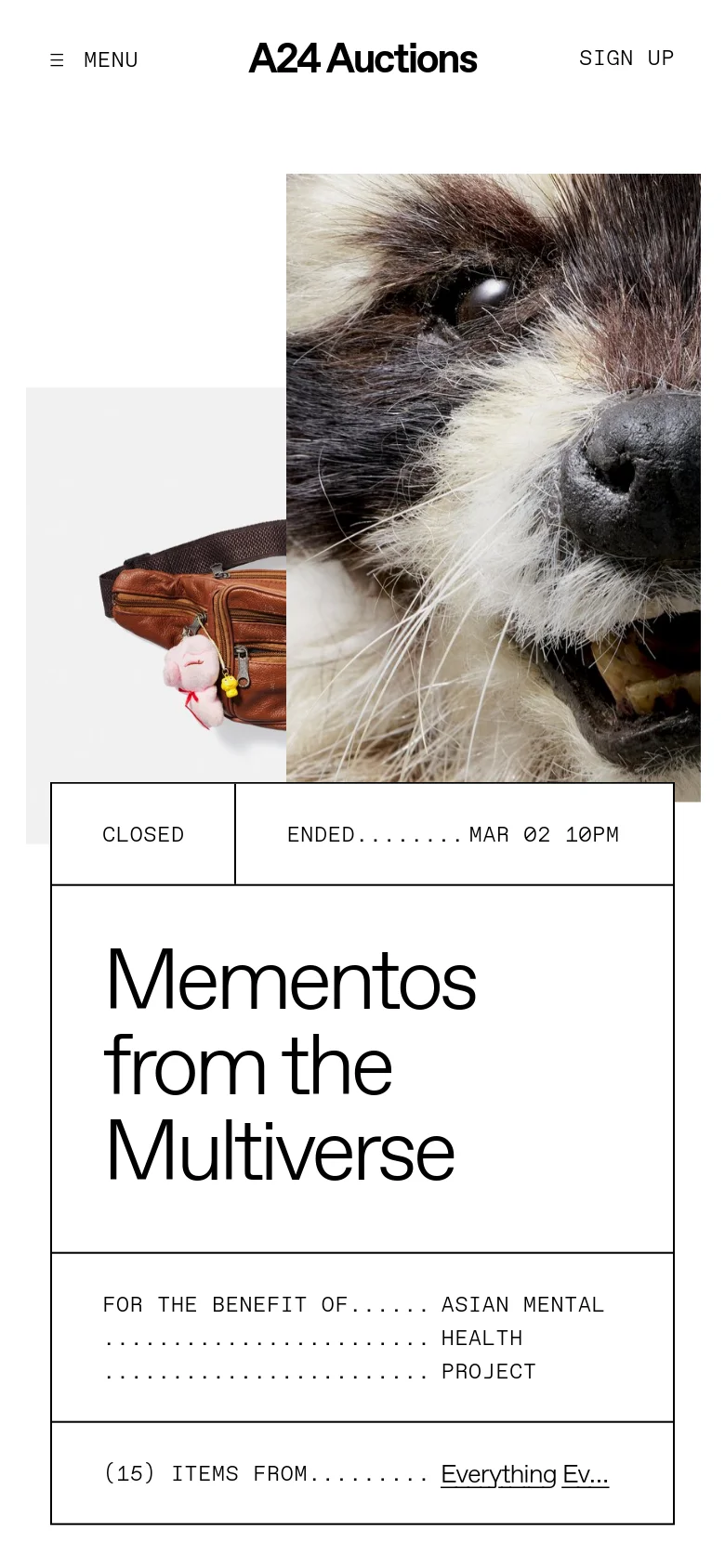 The mobile version uses a vertical stack layout, prioritizing a large hero image of a raccoon and a fanny pack. The auction information box is positioned below the imagery, featuring large, clear typography for the title 'Mementos from the Multiverse' and its beneficiary. A simplified navigation menu is accessible via a 'MENU' hamburger icon at the top left, with 'SIGN UP' prominently displayed on the right.
