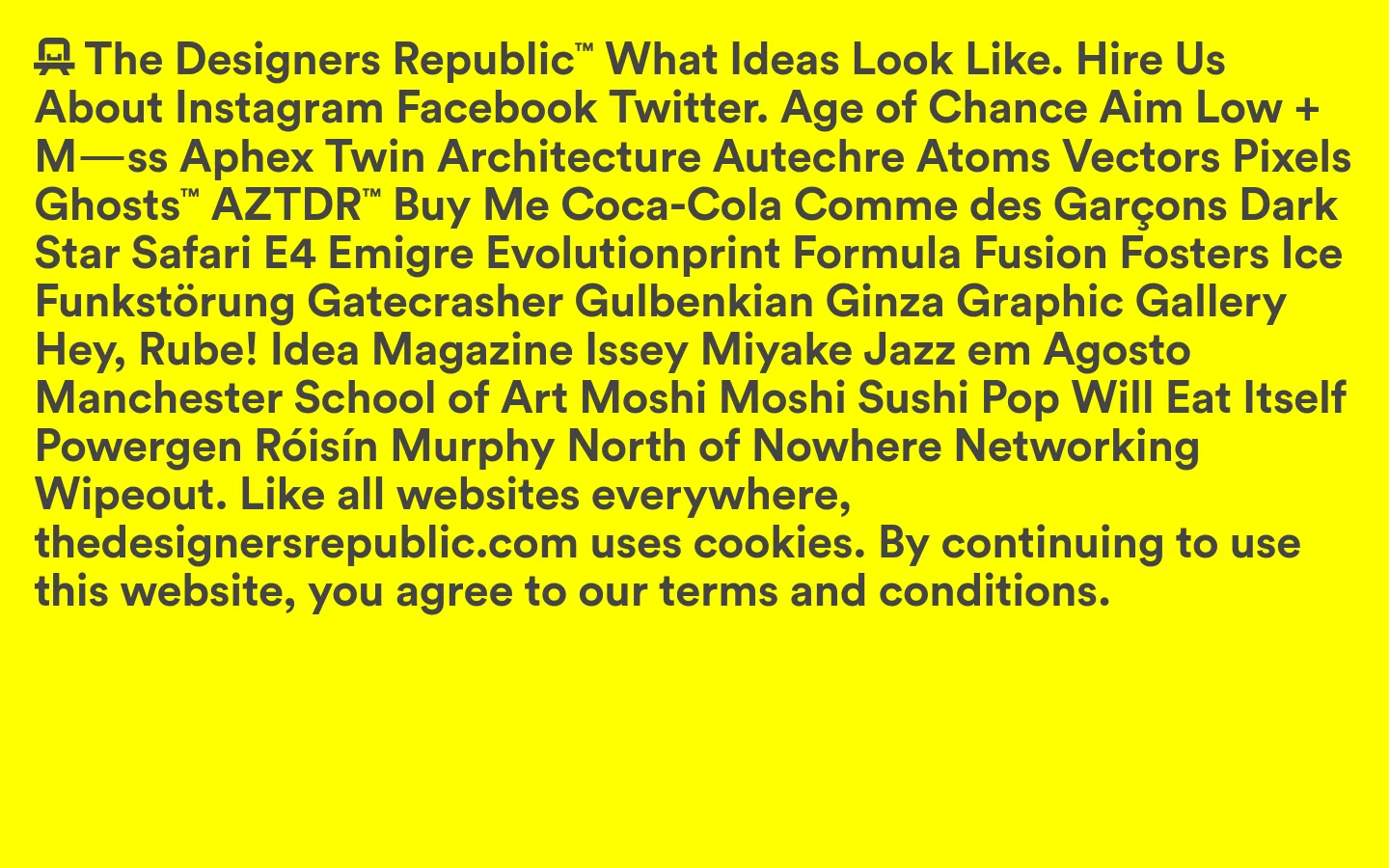 A minimalist website with a bright yellow background and black sans-serif text. The layout features a header with the brand name 'The Designers Republicâ„¢' followed by a dense, text-based navigation menu containing numerous project links and social media handles.