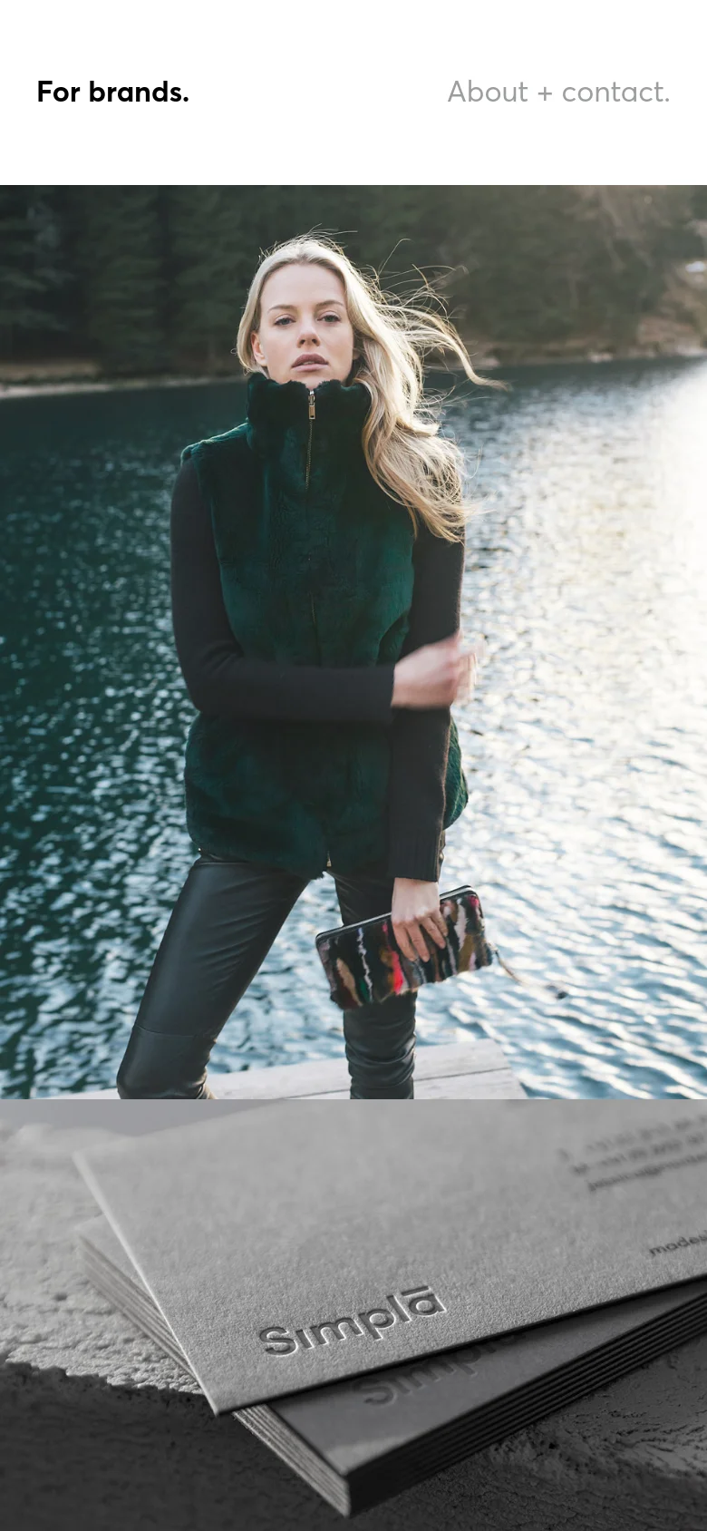 The mobile version presents a single-column layout with the headline 'For brands.' on the left and 'About + contact.' on the right. A large, full-width hero image of a woman in a dark green vest by a lake dominates the screen, followed by a close-up image of embossed stationery below it.