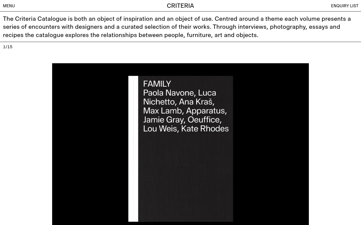 The desktop Catalogue page features a minimalist design with a white background and black text. A large introductory paragraph describes the catalogue, followed by a large image slider displaying various spreads and covers of the publication against a dark background. Navigation links for Menu and Enquiry List are positioned at the top corners.