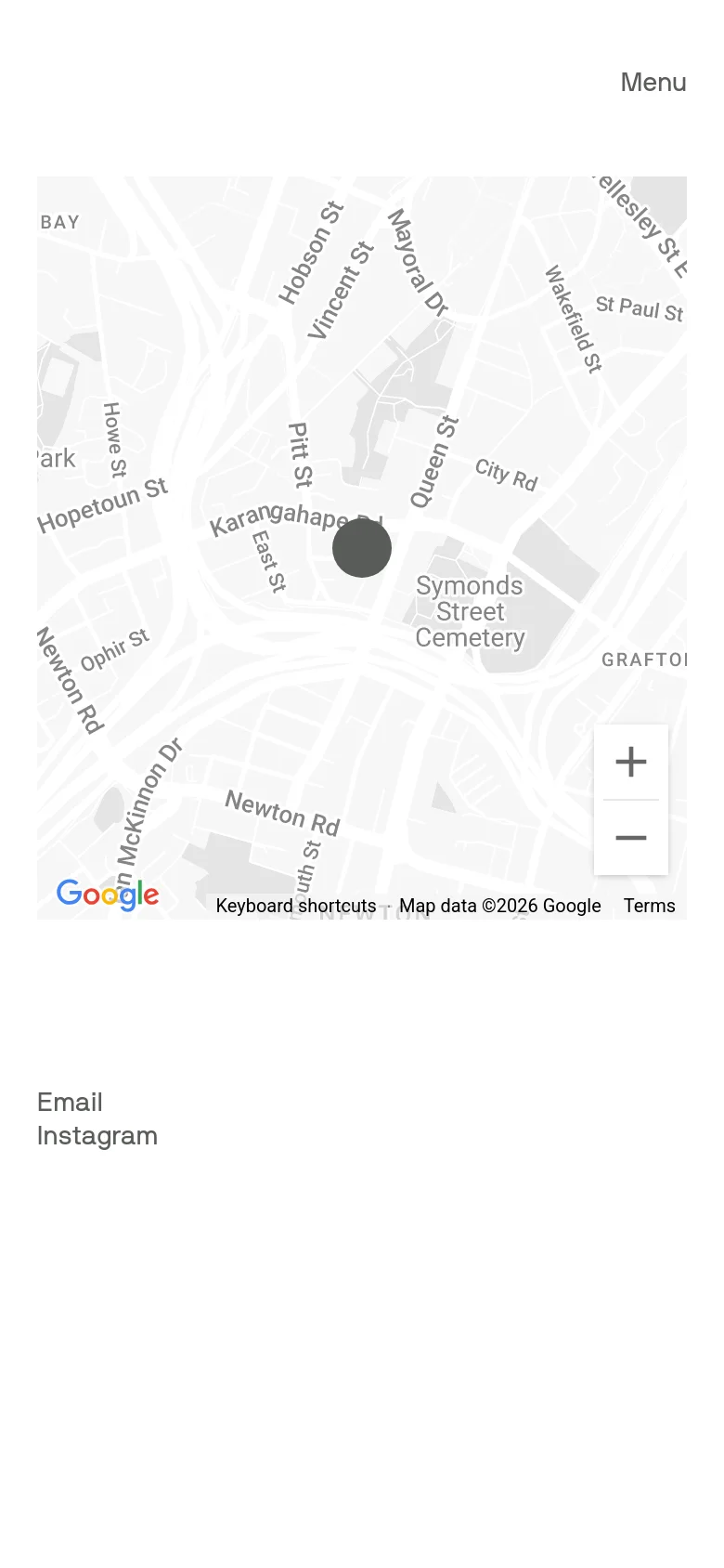 The mobile version presents a simplified layout with a white background and a large Google Map filling most of the screen. The navigation menu is collapsed into a 'Menu' button at the top right, and contact links for Email and Instagram are positioned at the bottom left.