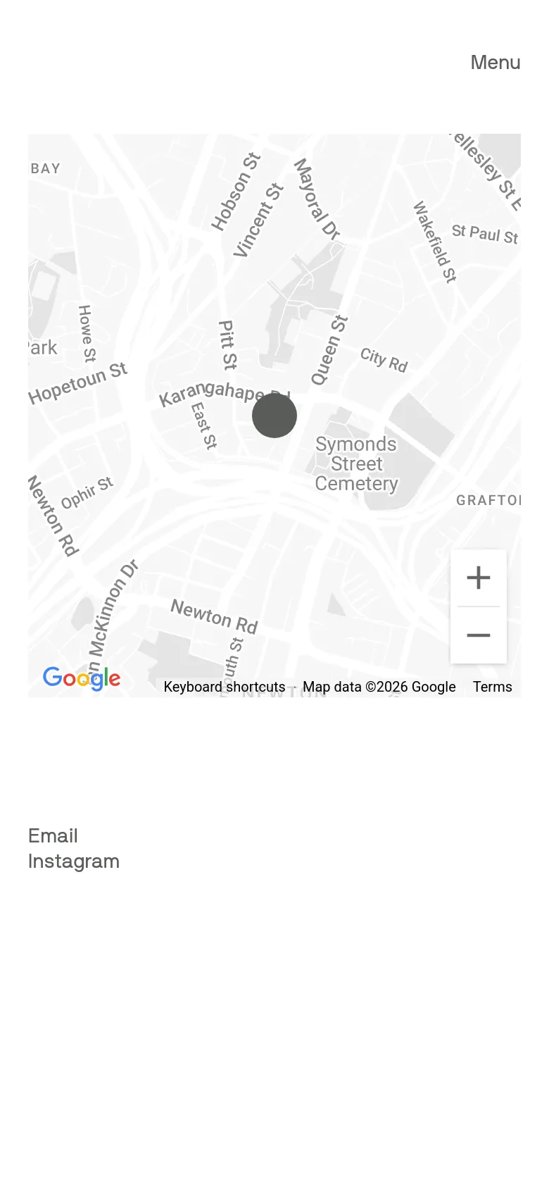 The mobile version presents a simplified layout with a white background and a large Google Map filling most of the screen. The navigation menu is collapsed into a 'Menu' button at the top right, and contact links for Email and Instagram are positioned at the bottom left.