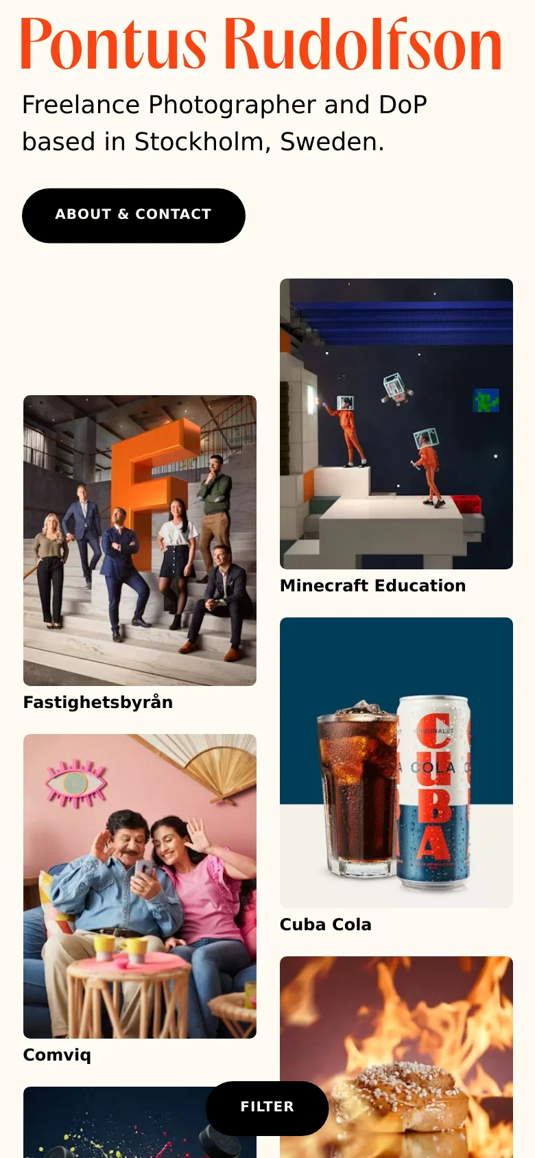 The mobile version maintains the minimalist aesthetic but stacks the content vertically for a narrow viewport. The large orange headline and subheadline appear at the top, followed by the black 'ABOUT & CONTACT' button, with the project image tiles arranged in a single-column scrollable layout.