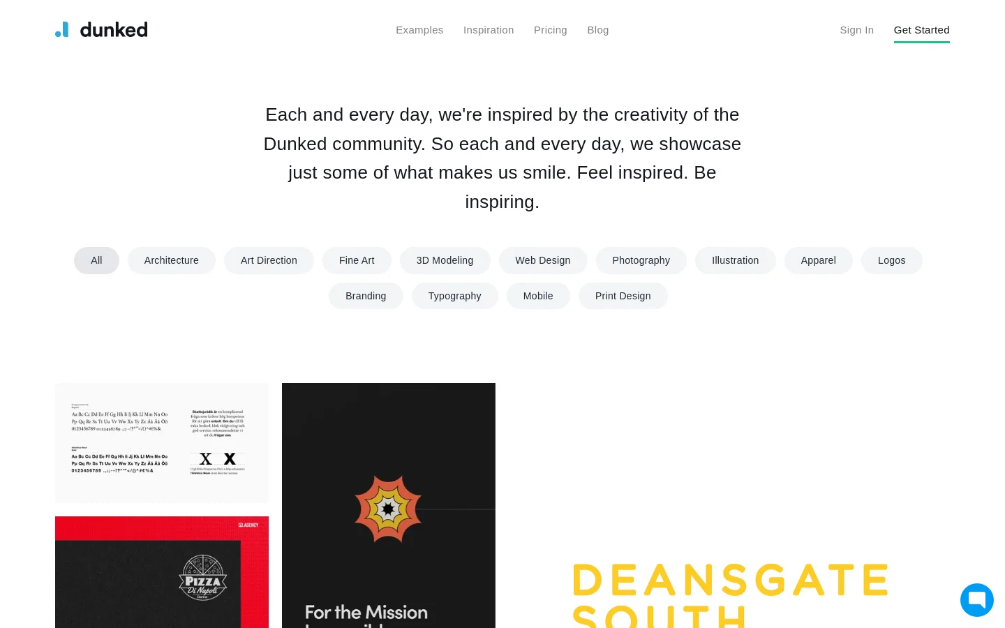 The desktop version features a clean, white background with a centered headline about community creativity. Below the headline is a horizontal row of light gray pill-shaped category buttons, followed by a large grid of creative portfolio images. The navigation bar at the top includes the Dunked logo, links for Examples, Inspiration, Pricing, and Blog, and buttons for Sign In and Get Started.